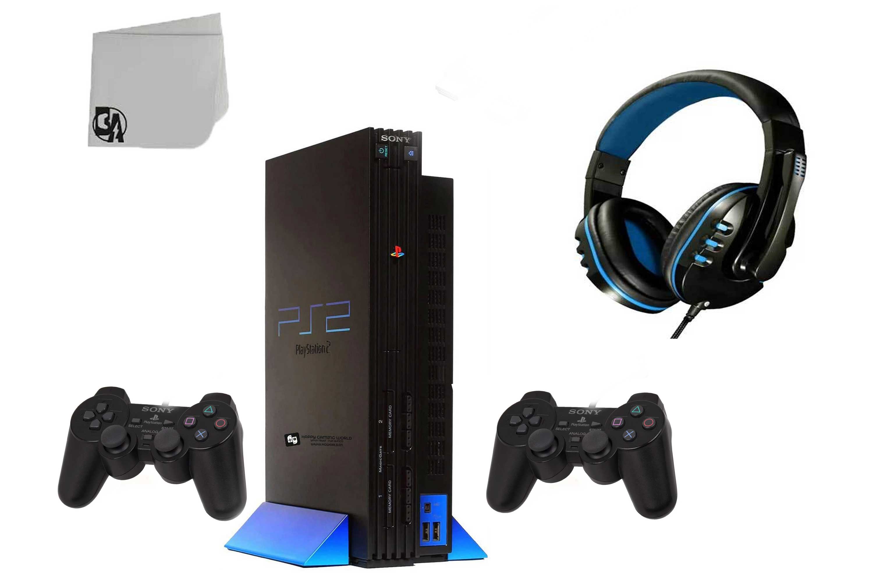 Pre-Owned Sony PlayStation 2 Fat Black Gaming Console With Headset with 2 Controller BOLT AXTION Bundle (Refurbished: Like New)