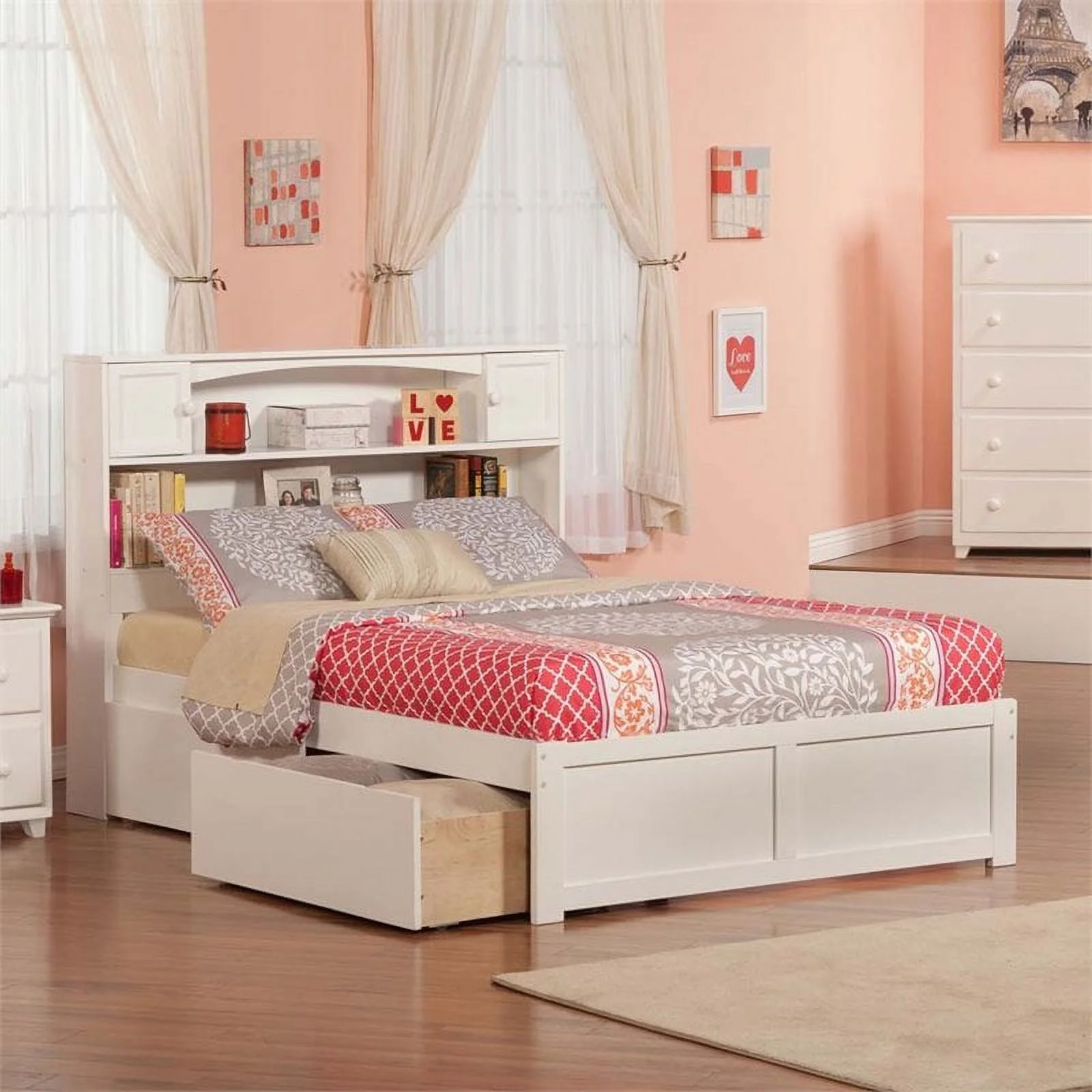 Pemberly Row Contemporary/Modern Hardwood Storage Platform Bed, Full, White