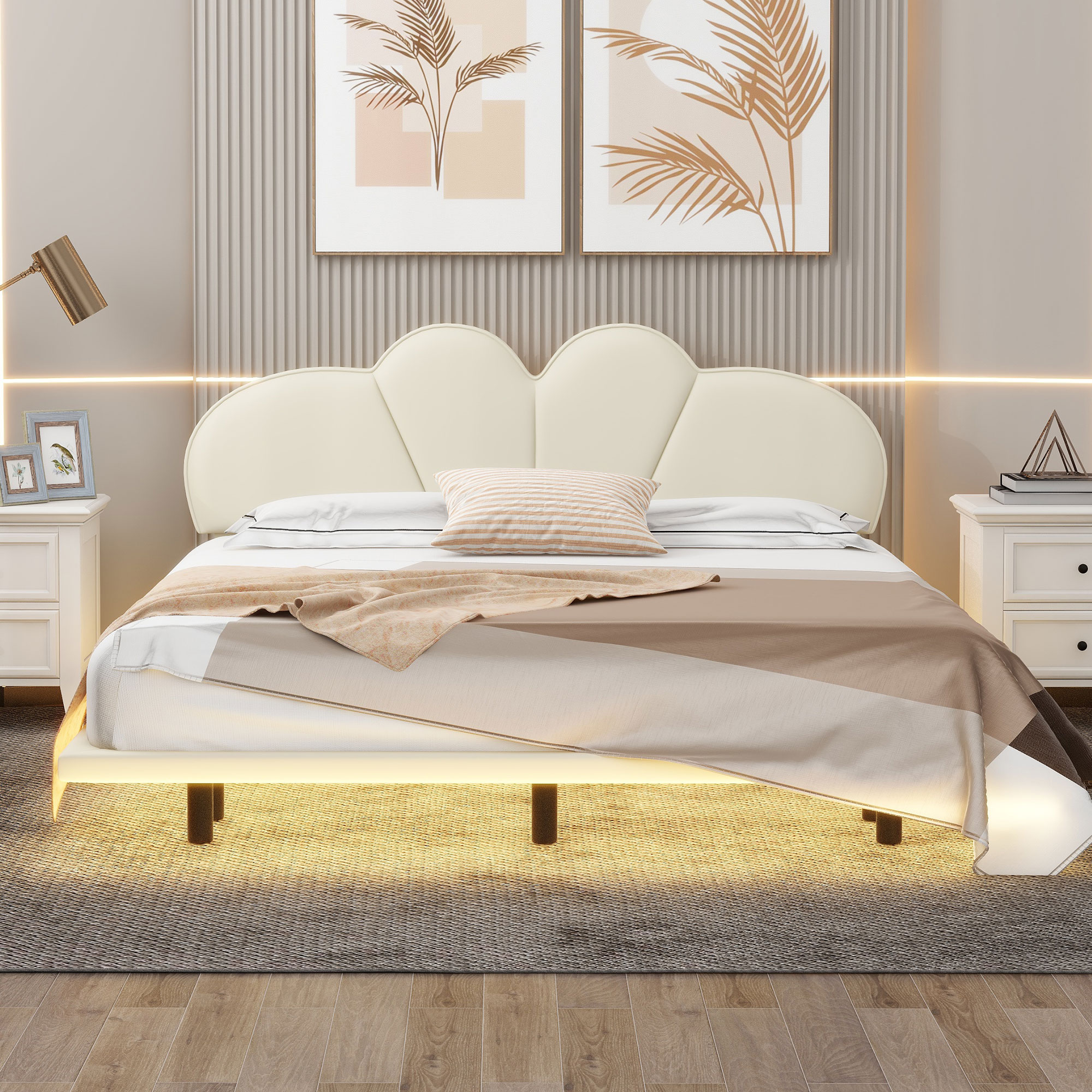 Queen Size Canopy Bed Frame - Upholstery Platform Bed with PU Leather Headboard, Support Legs,and LED Light-Beige