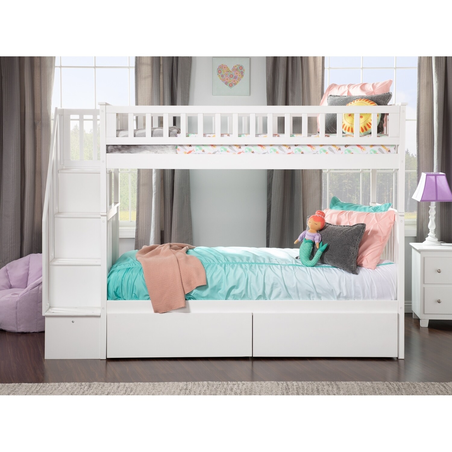 AFI Woodland Staircase Bunk Bed Twin over Twin with 2 Bed Drawers in White