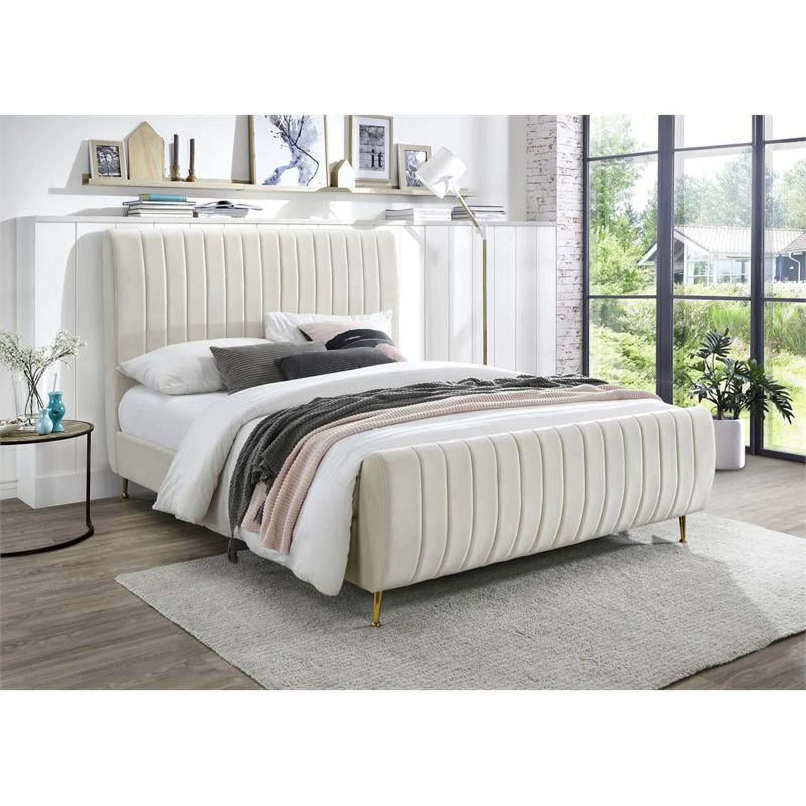 Meridian Furniture Zara Contemporary Cream Velvet Queen Bed