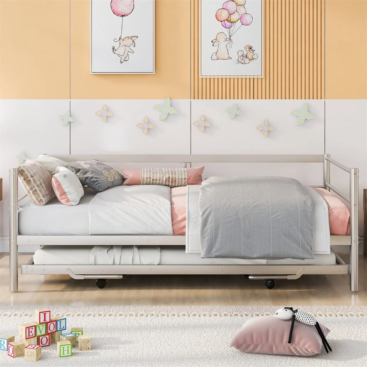 MERAX  Twin Size Metal Daybed with Adjustable Trundle, Pop Up Trundle Black