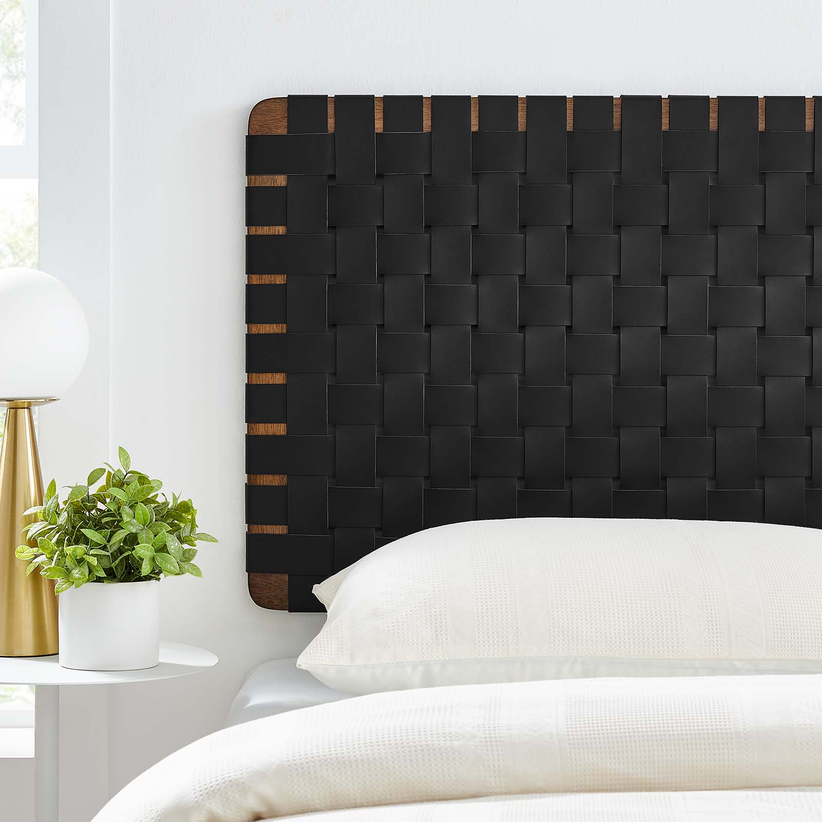 Modway Sparta Weave Wall-Mount Twin Vegan Leather Headboard in Walnut Black