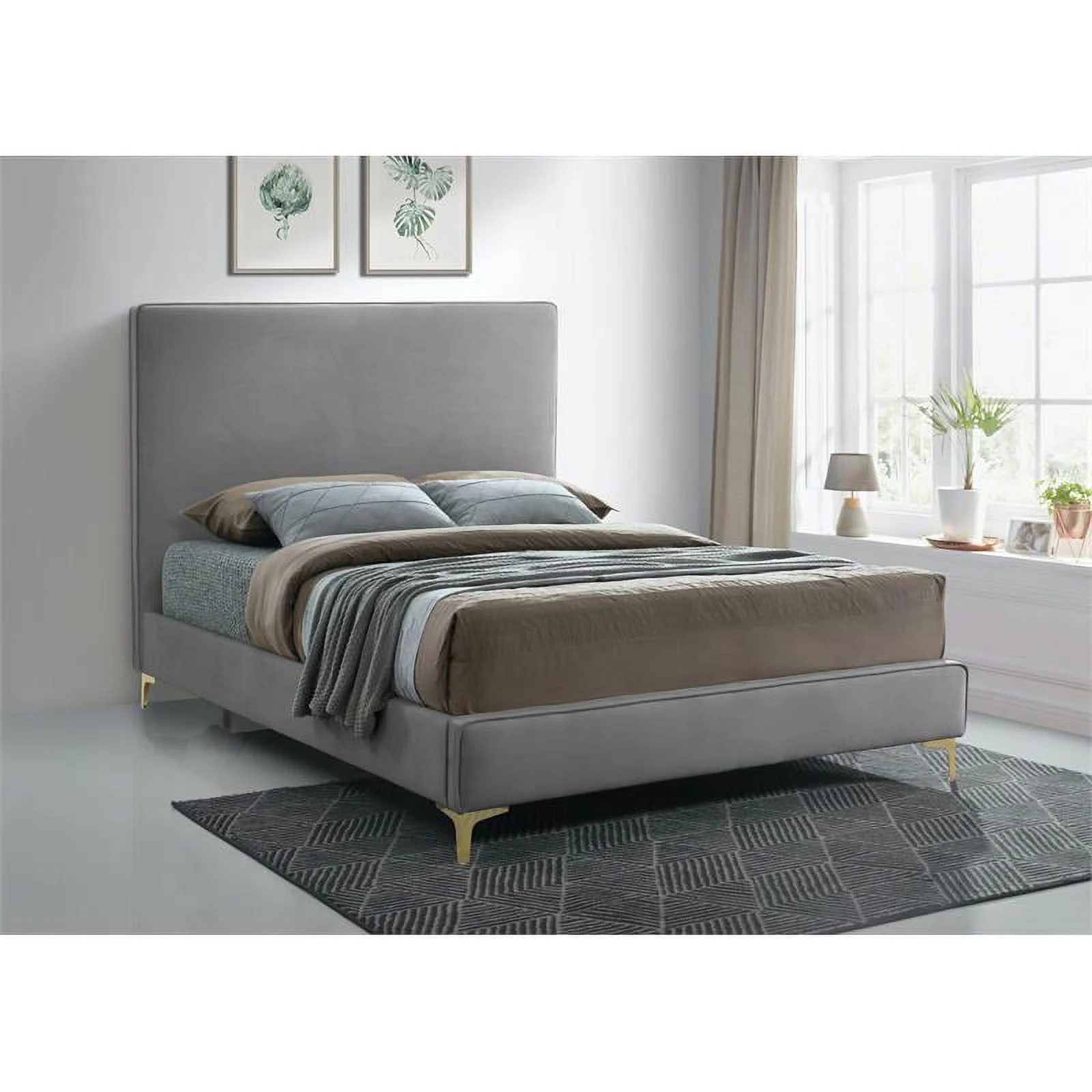 Meridian Furniture Geri Gray Velvet Queen Bed with Gold and Chrome Legs Included