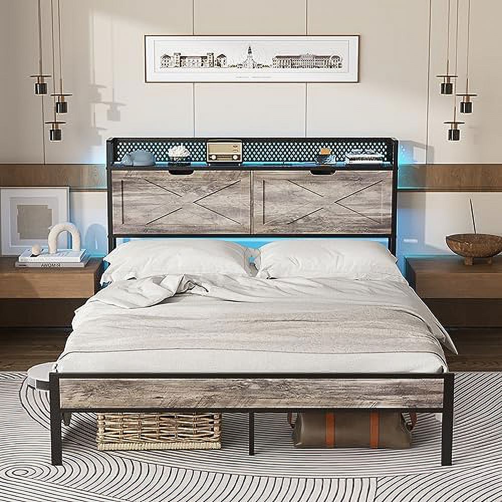 YZboomLife Full Size LED Bed Frame with  Headboard  Platform Metal Farmhouse Bed with Charging Station  2 Hidden Shelves  Noise-Free  Wash Grey