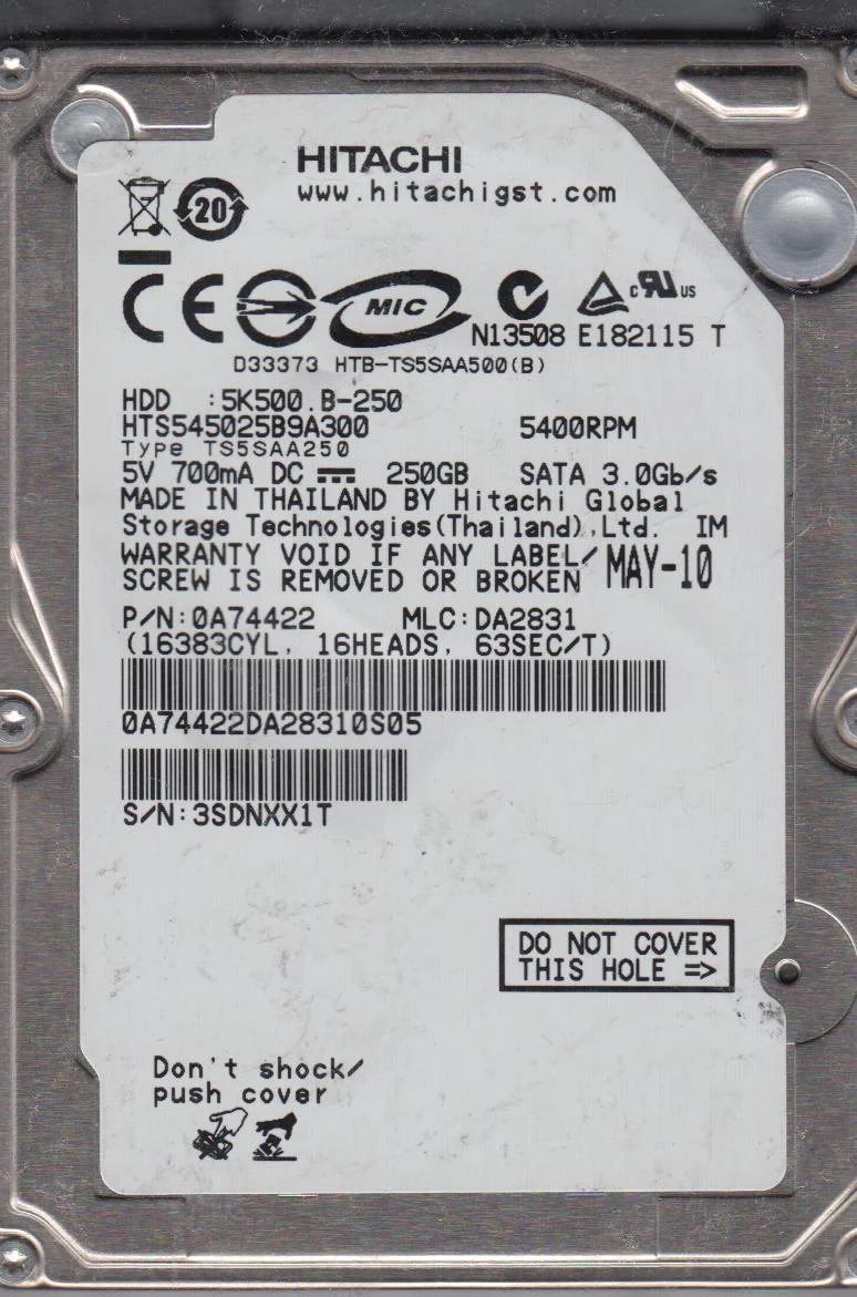 HTS545025B9A300, PN 0A74422, MLC DA2831, Hitachi 250GB SATA 2.5 Hard Drive