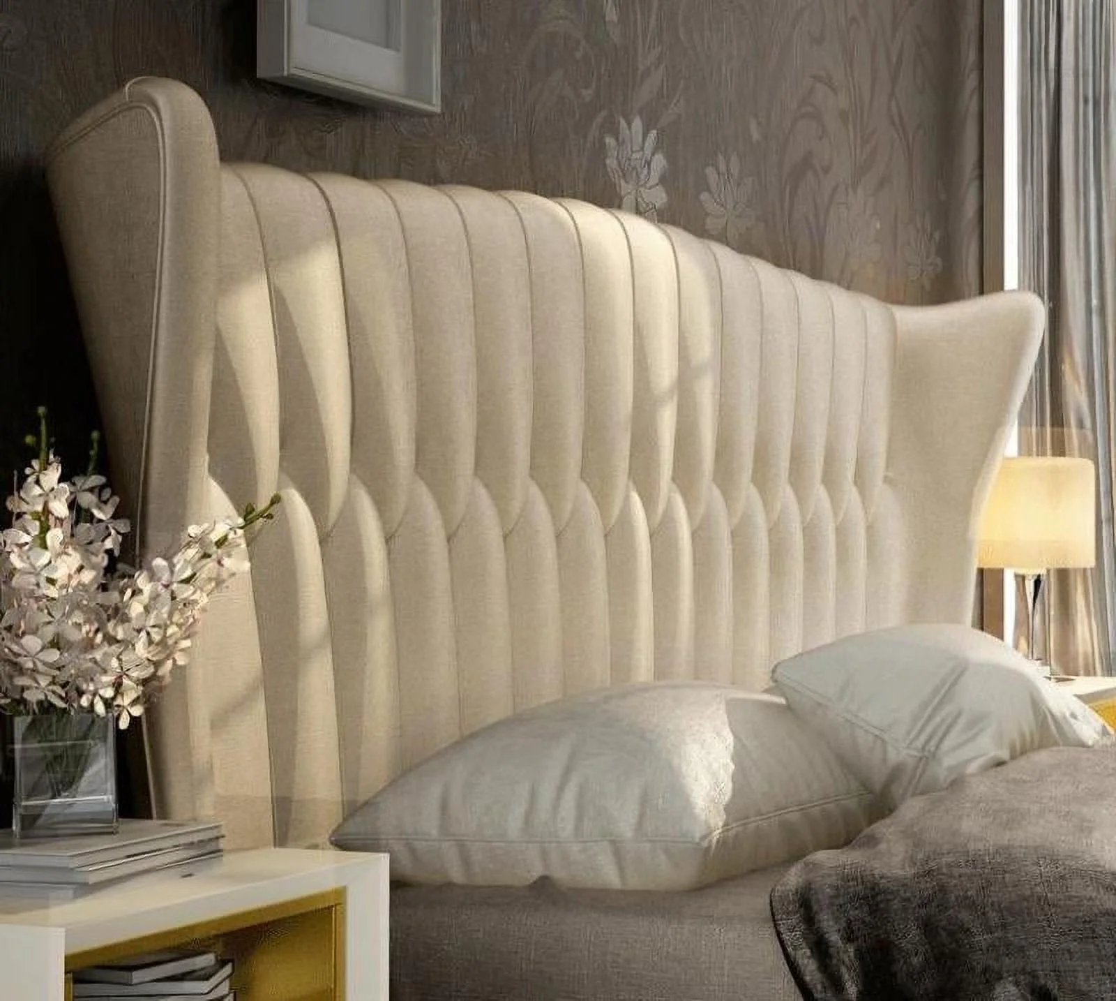 Beige Eco Leather Tufted King Bed Modern Made in Spain Soflex Velvet