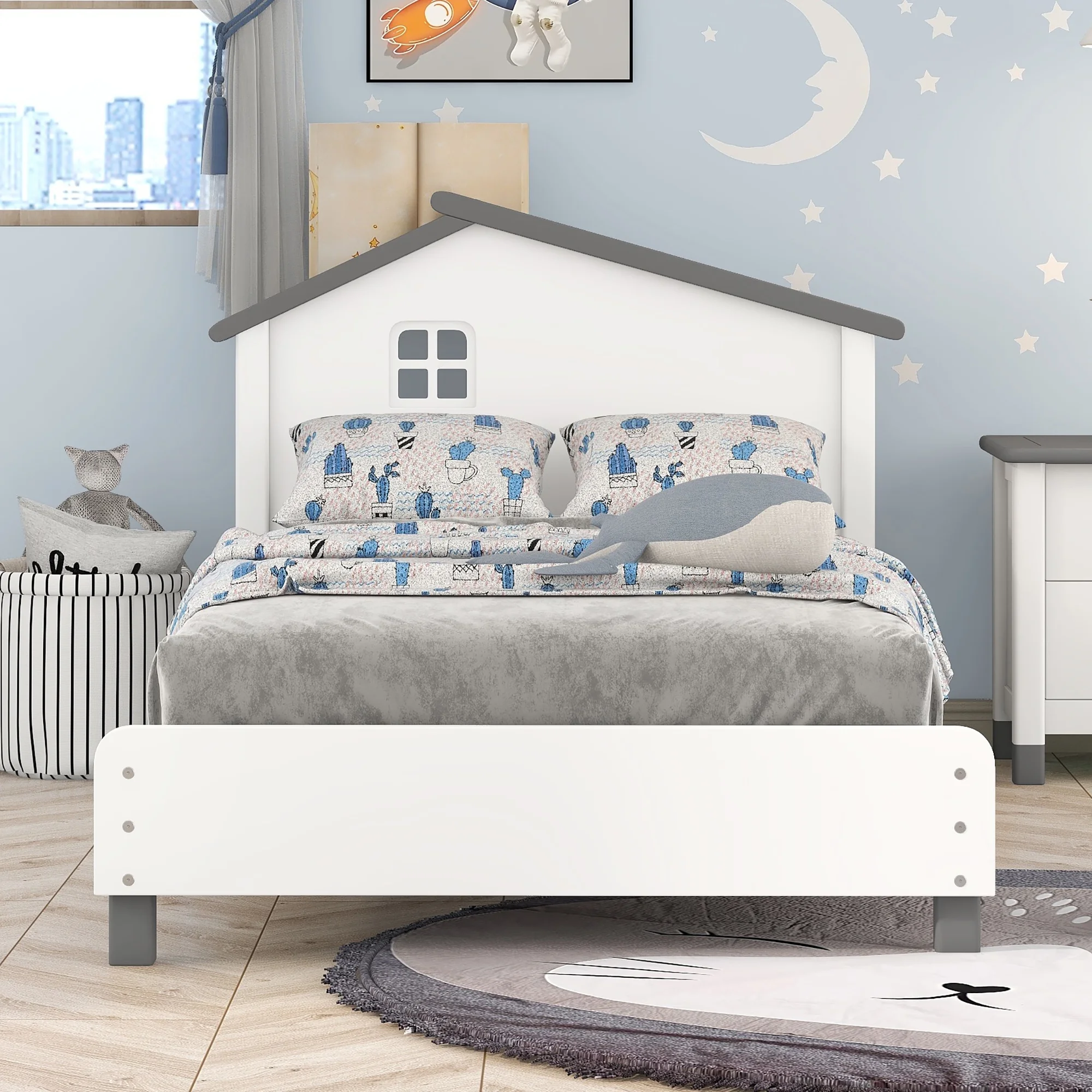 LYPER Twin Size Wood Platform Bed with House-shaped Headboard (White+Gray)