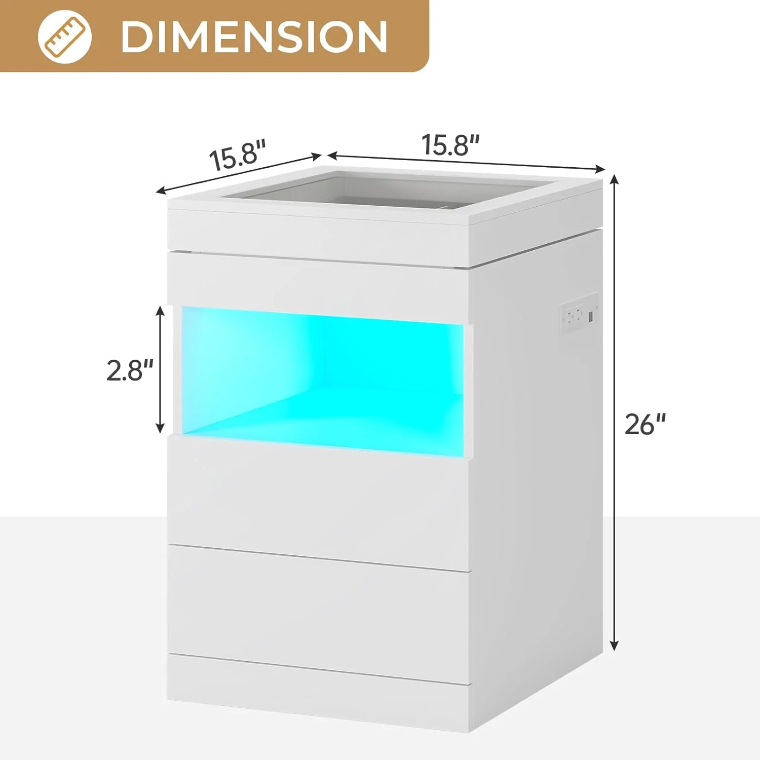Nightstand with 2 Drawers & LED Lights & Charging Station, LED Bedside Table End Side Table with Pull-Out Tray & Sliding Glass Top for Bedroom, White