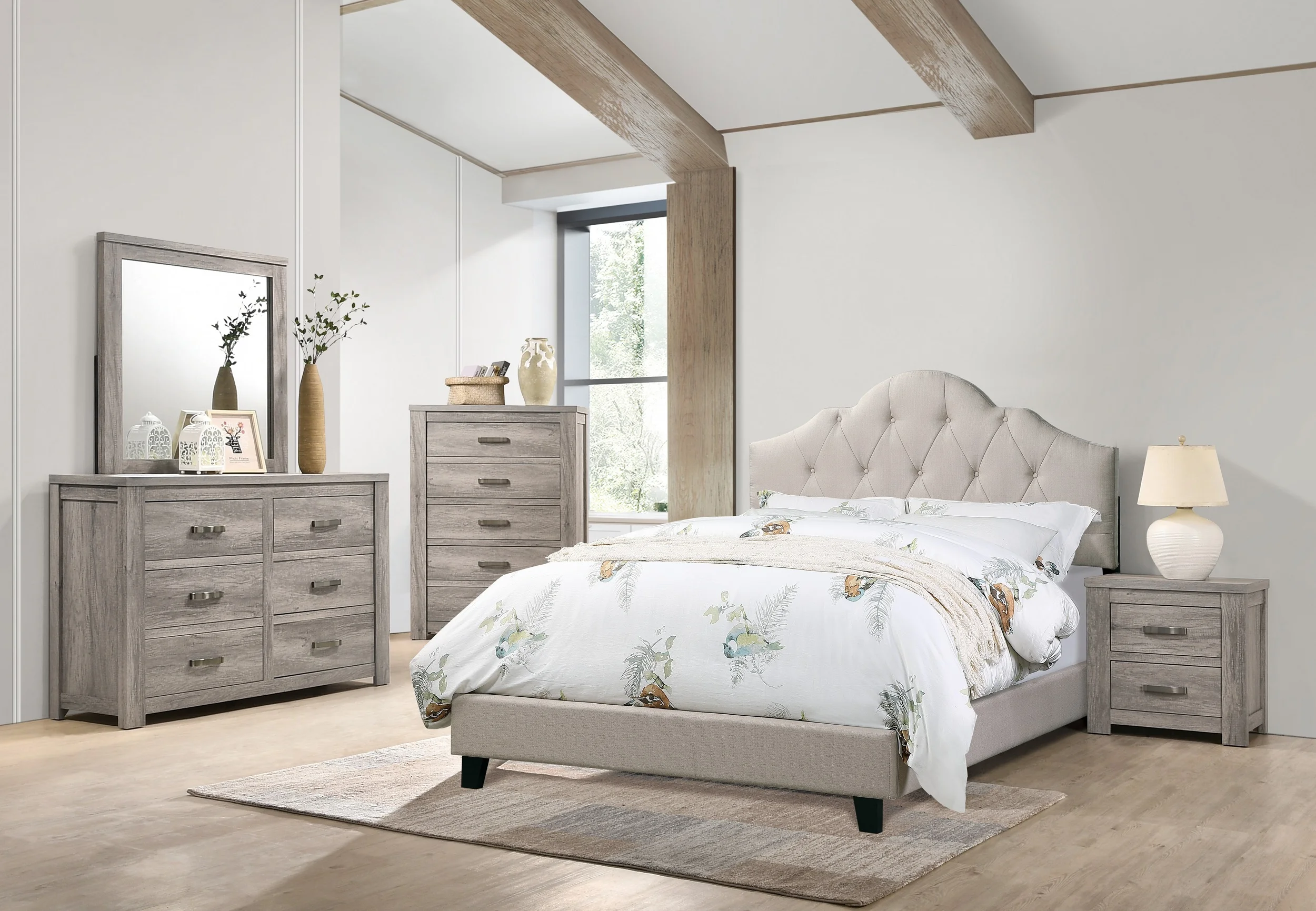 Majestic Modern Eastern King Size Bed Dresser Mirror Nightstand 4pc Set Beige Polyfiber Bedroom Bed