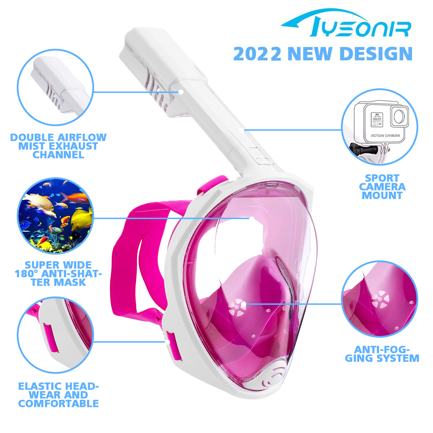 Foldable Full face Snorkeling mask with New Safety Breathing System, 180-degree Panoramic View, Waterproof and Anti-Fog, with Camera Stand, Universal Snorkeling mask（White-purple S/M)