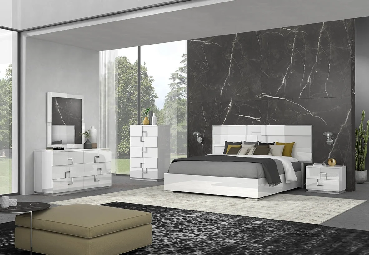 J&M Furniture Infinity Premium Bedroom with 6 piece king bed, chest, dresser, mirror and 2 nightstand, king bedroom set