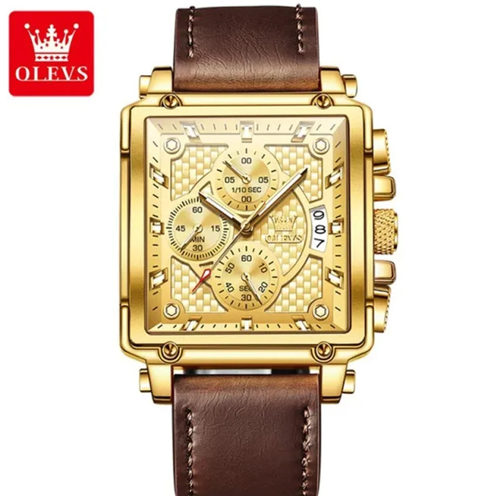 OLEVS Men's Square Watch Brown Leather Chronograph Fashion Business Watch Luminous Waterproof Casual Watch Luxury Men's Watch