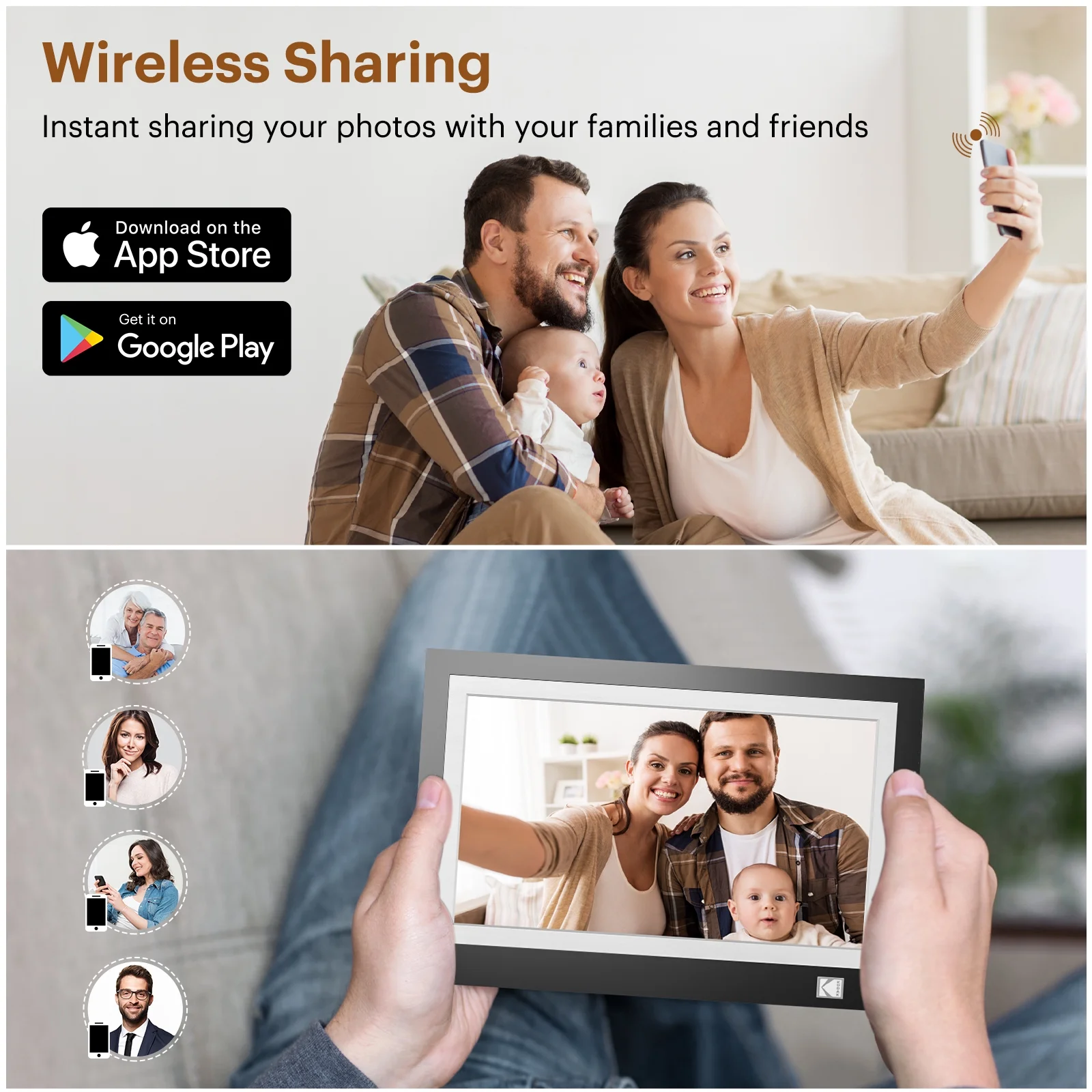 KODAK FHD Digital Photo Frame，11.6-inch Wood Tone Frame with Wi-Fi Enabled，Black