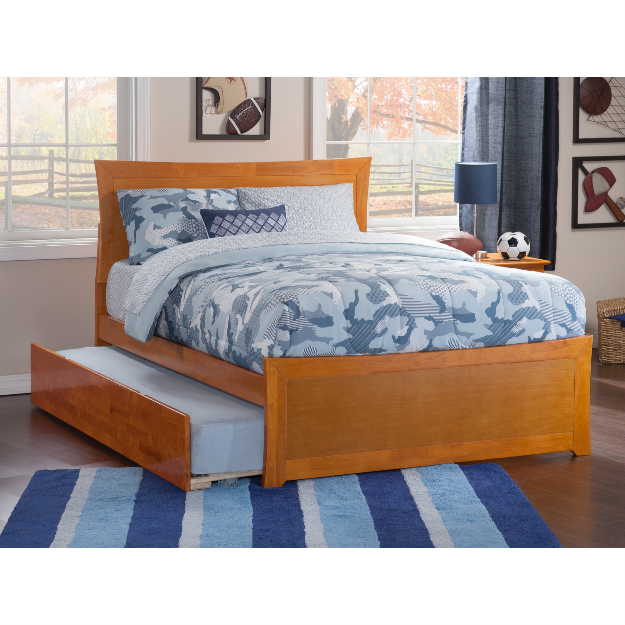 AFI Metro Full Size Solid Wood Platform Bed with Matching Footboard and Full Size Trundle in Caramel Latte