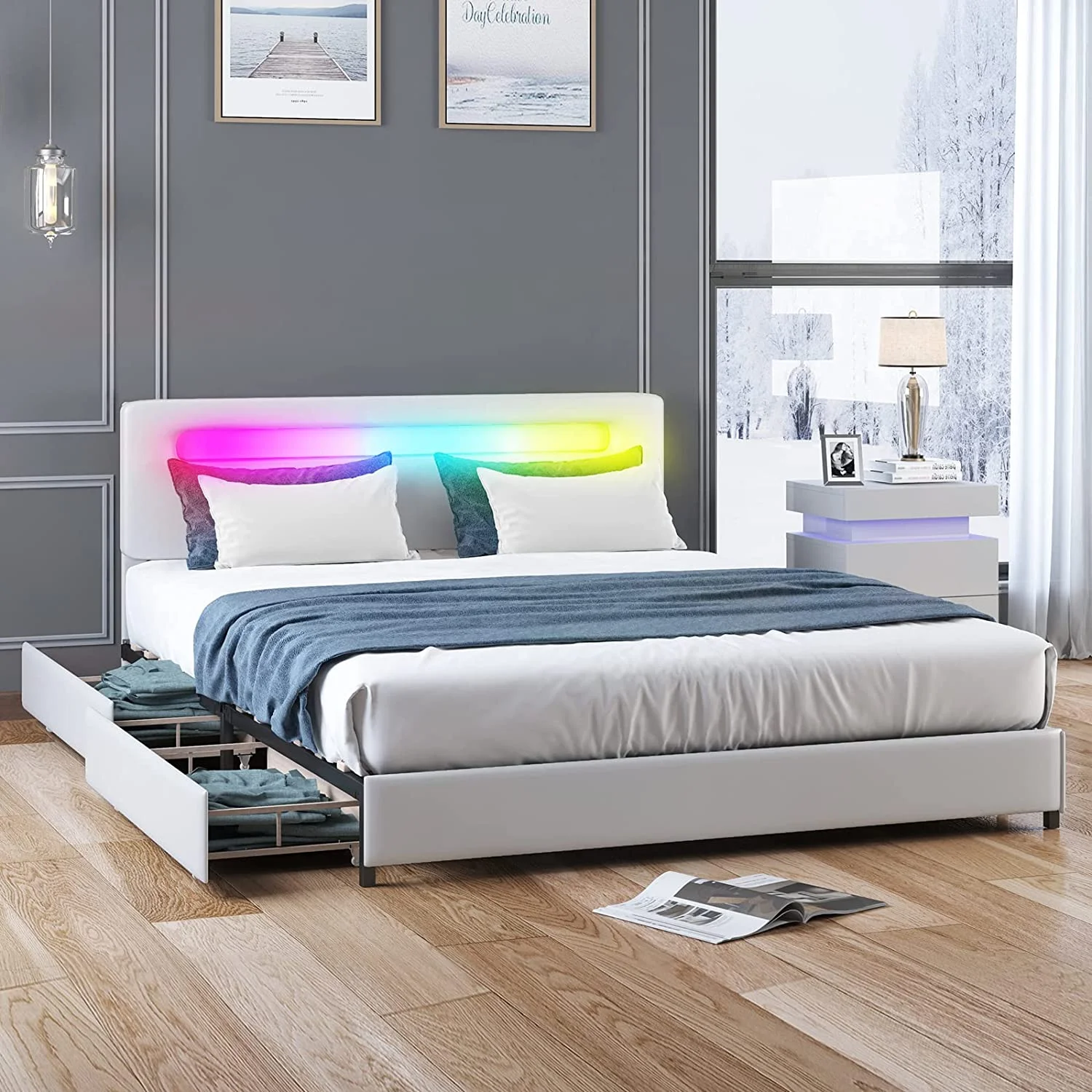 Mixoy King Size Bed Frame with 4 Storage Drawers, RGB LED King Bed Frame with Headboard, Platform Bed Frame King No Box Spring Needed,Easy Assembly (King,White)