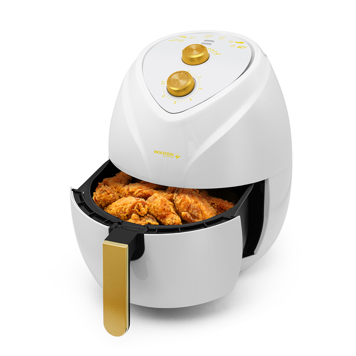 Holstein Housewares 4.8QT Air Fryer - Convenient and User Friendly with Optimal Cooking Functions to Fry, Bake, Grill and Roast, White and Gold