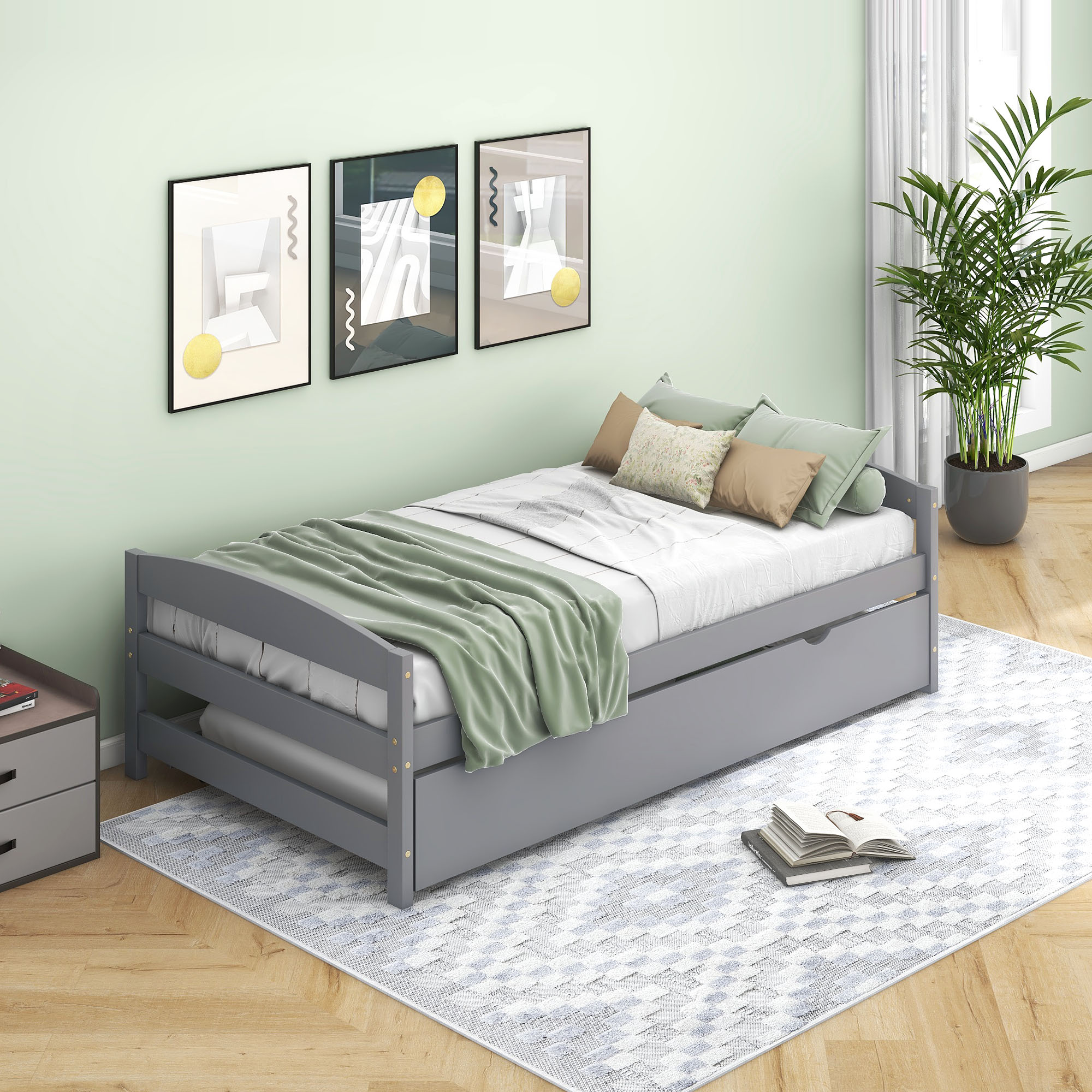 Euroco Twin Size Platform Bed with Trundle, Low Profile Easy Assembly DayBed, Gray