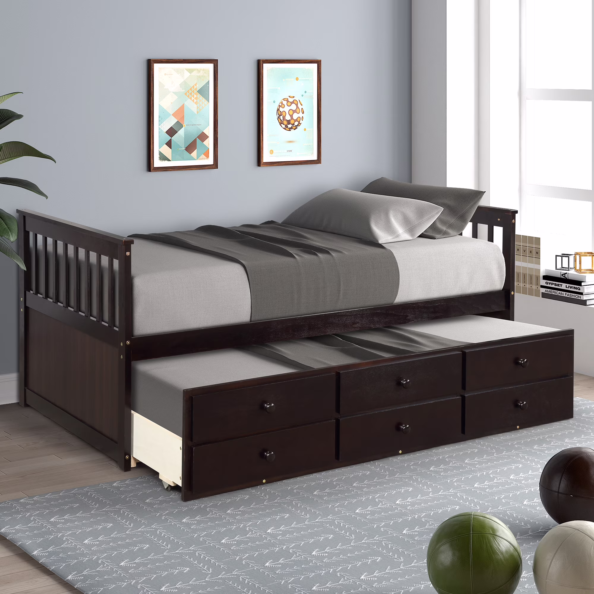 Trundle Bed for Kid's Room, Twin Captain's Bed with Trundle and 3 Storage Drawers, Solid Wood Daybed with Headboard and Footboard for Bedroom, Teens, 300lbs, Espresso, SS2593