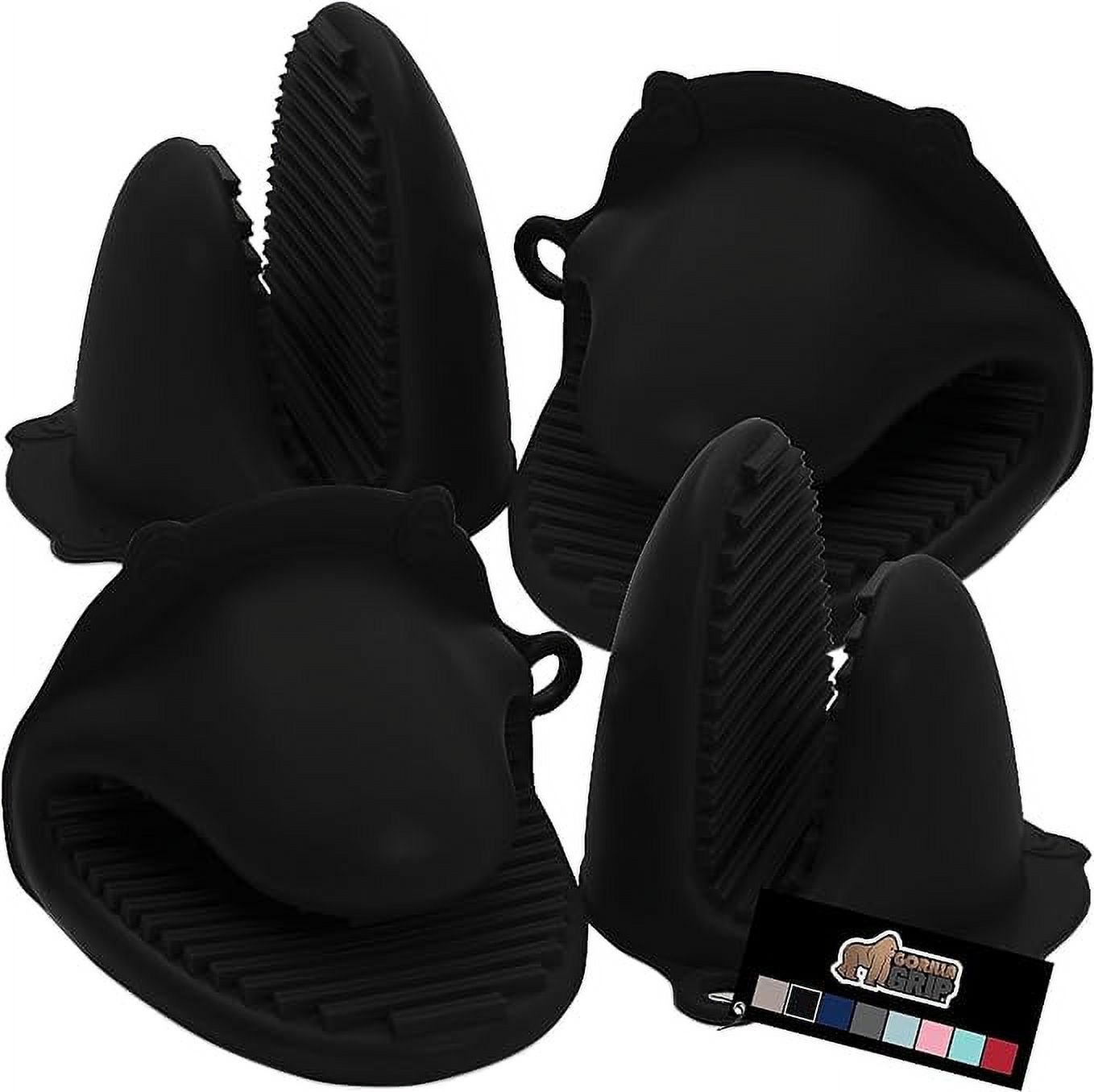 Gorilla Grip Heat and Slip Resistant Silicone Mini Potholders Mitts, Oven Mitt Gloves, BPA-Free, Textured Design, Better Grip, Hot Plate Holder, Kitchen Finger Grips, Cooking, Waterproof 4 Set, Black
