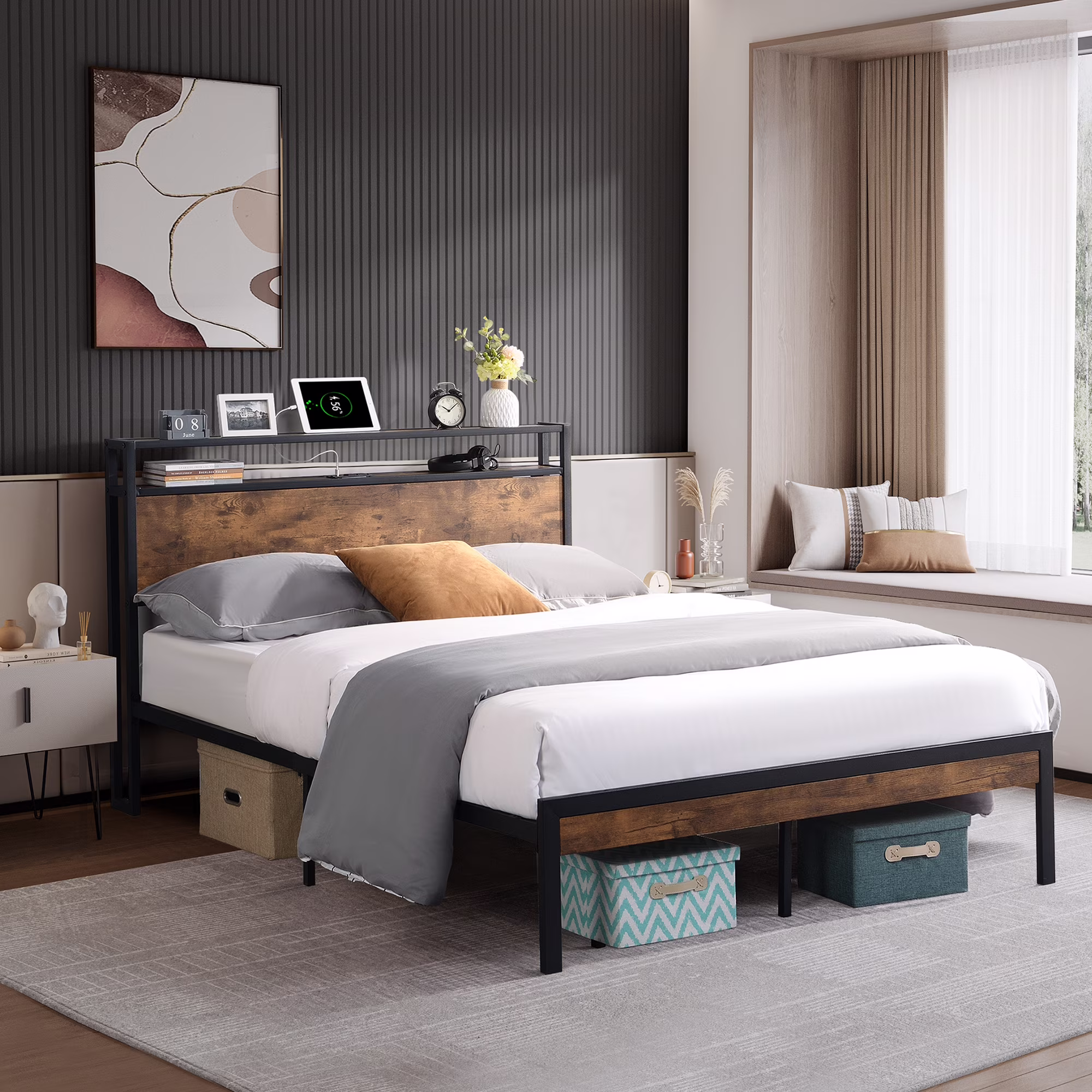 KINFFICT Queen Size Metal Platform Bed Frame with Wooden Headboard and Footboard, with USD Liner, Sturdy Steel Slat Support, 10.4