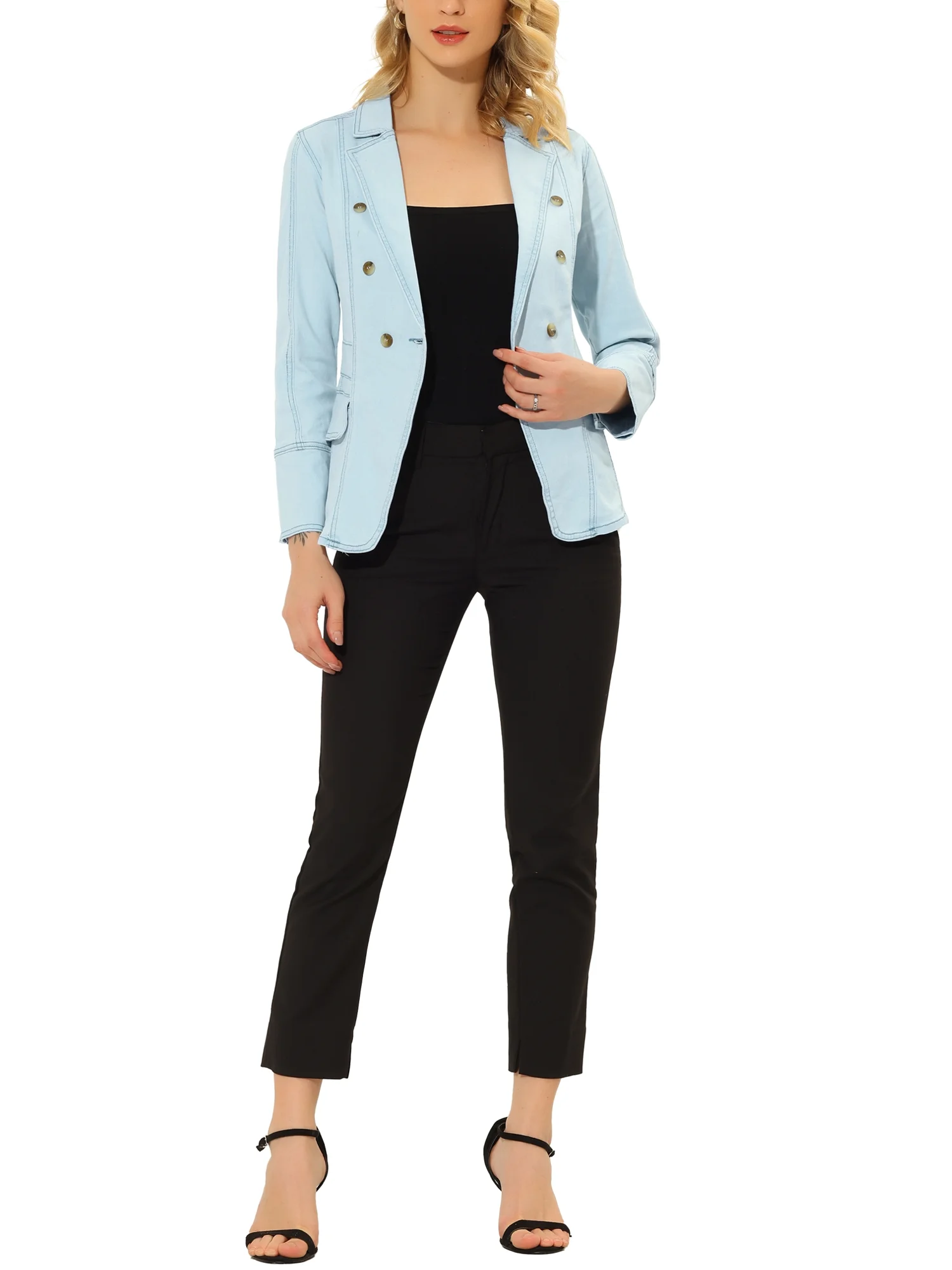 Unique Bargains Women's Lapel Jeans Blazer Long Sleeve Denim Jacket w Pockets XS Light Blue