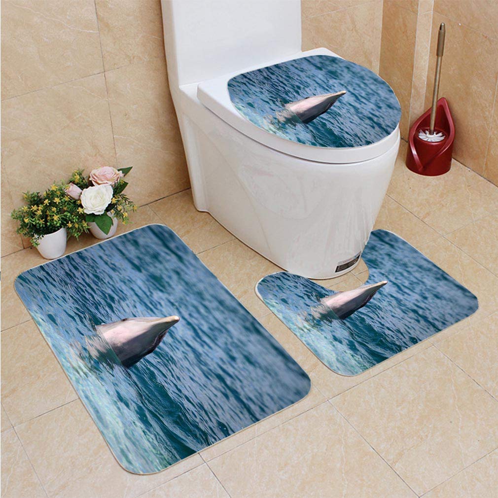 CHAPLLE Cute Dolphin Jumping Out Water 3 Piece Bathroom Rugs Set Bath Rug Contour Mat and Toilet Lid Cover