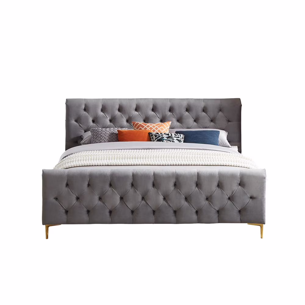 Bella Mid Century Modern Gray Velvet Upholstered King Platform Bed