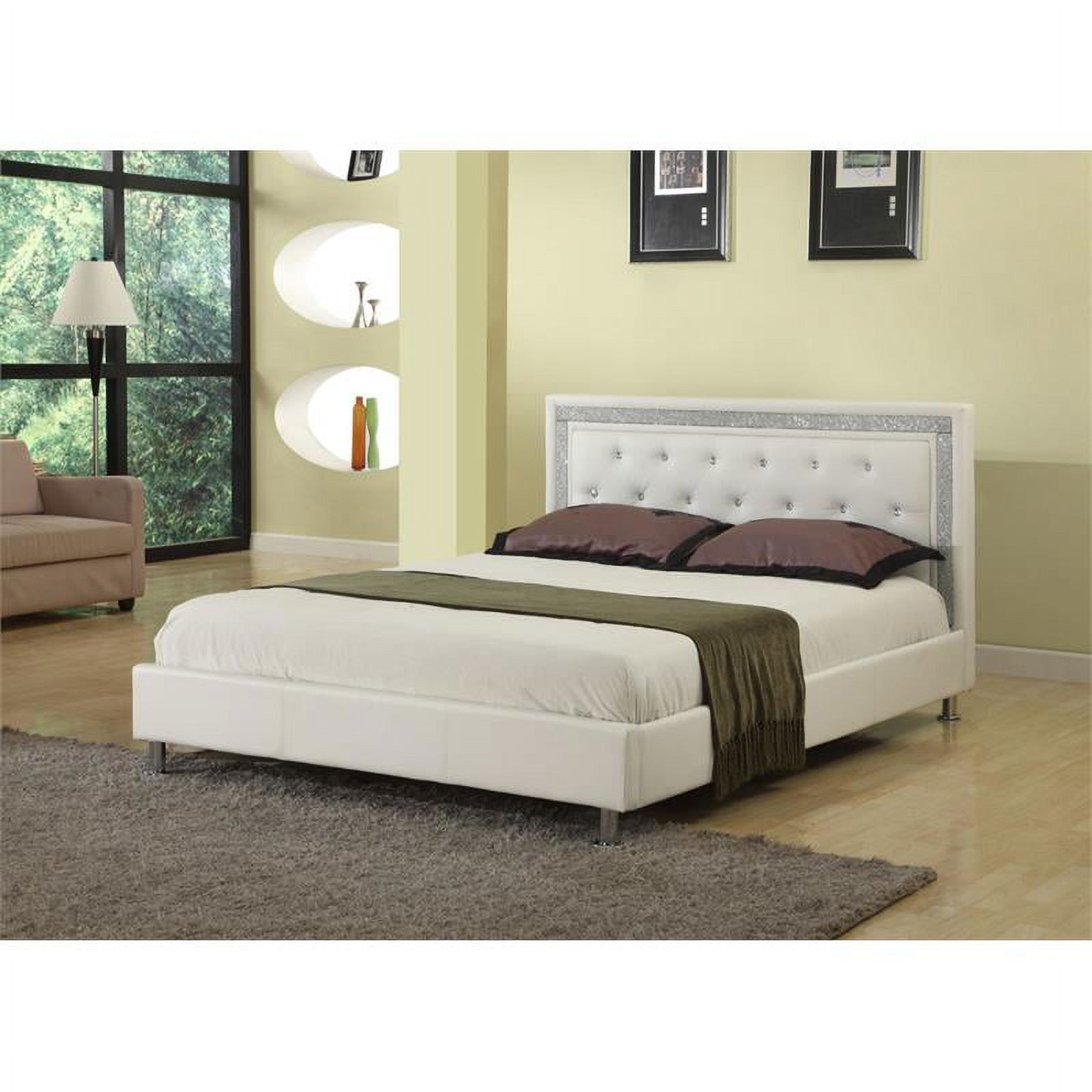 Atlin Designs Modern Faux Leather Queen Bed with Crystal Tufted Buttons in White