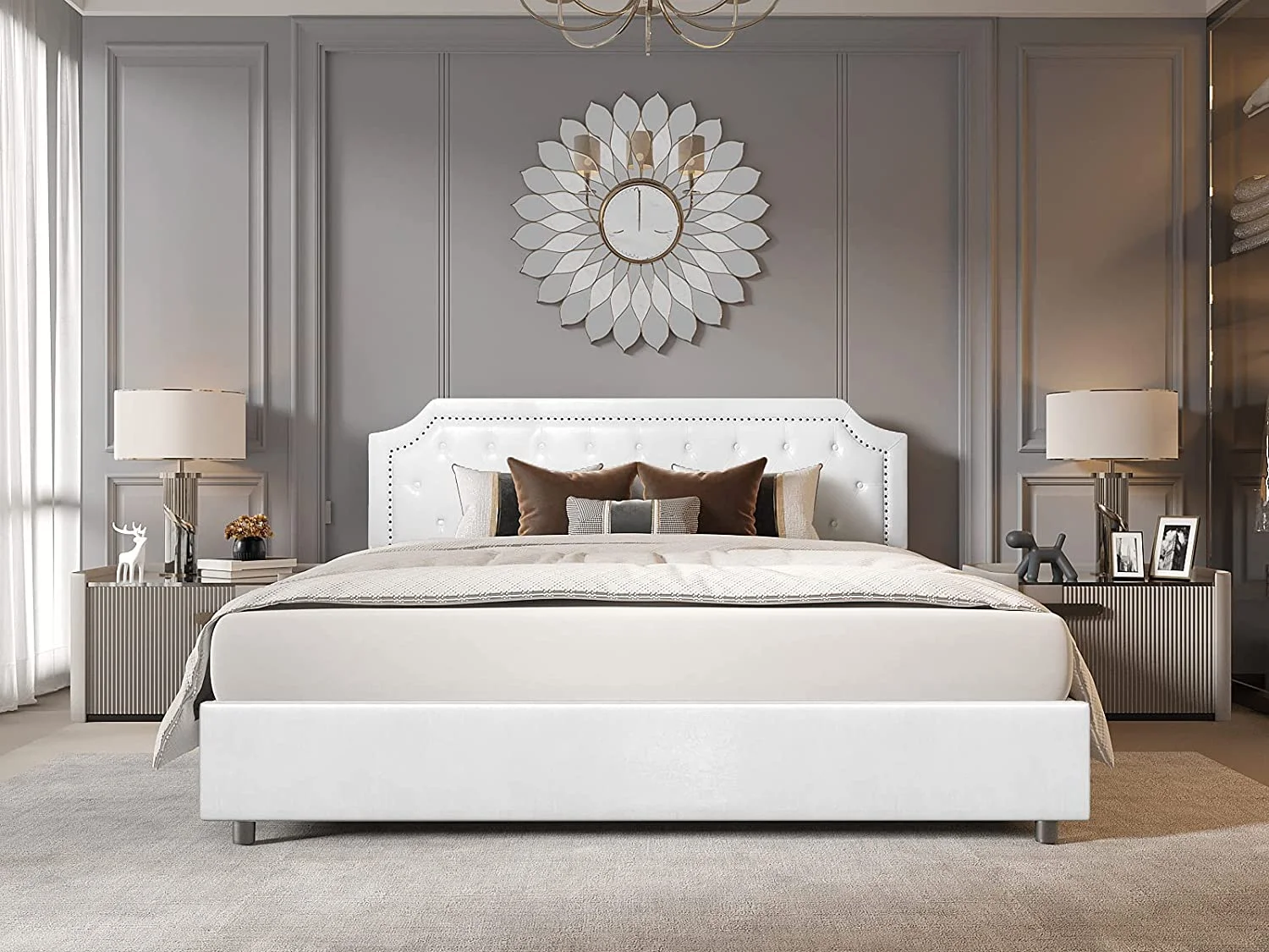 Bed Frame Upholstered Low Profile Platform Bed with Tufted Faux Leather Headboard/No Box Spring Needed/No Bed Skirt Needed (White  King Size)