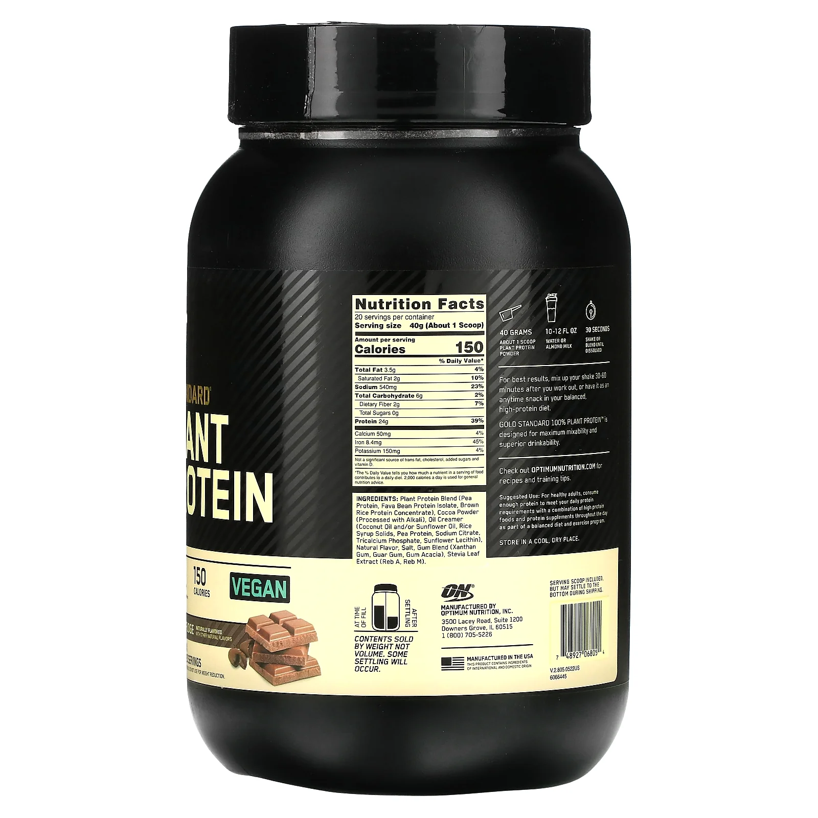 Optimum Nutrition Gold Standard 100% Plant Protein, Rich Chocolate Fudge, 1.76 lb (800 g)
