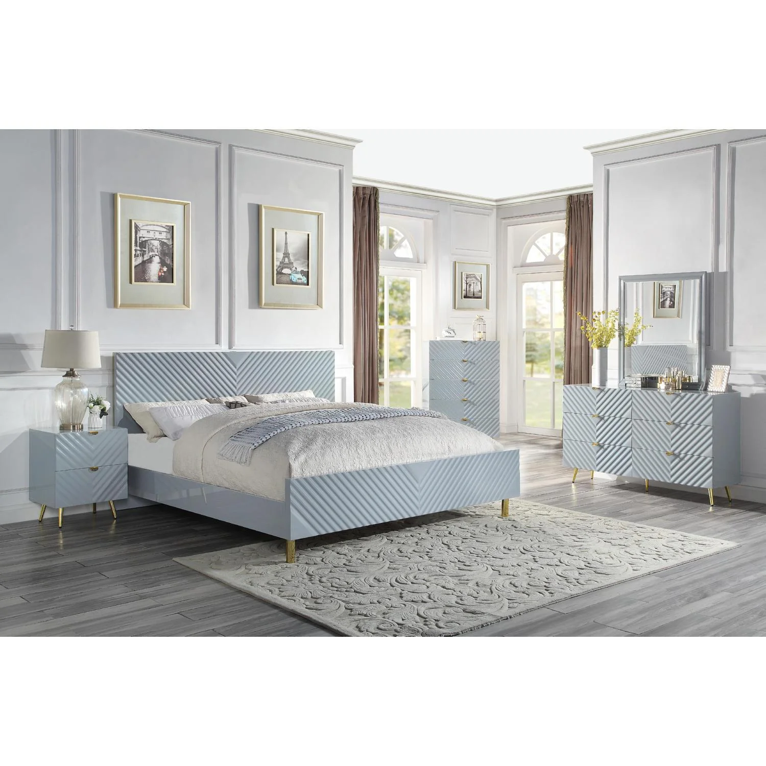 Modern Gray High Gloss Queen Bedroom Set by Acme Gaines BD01040Q-5pcs