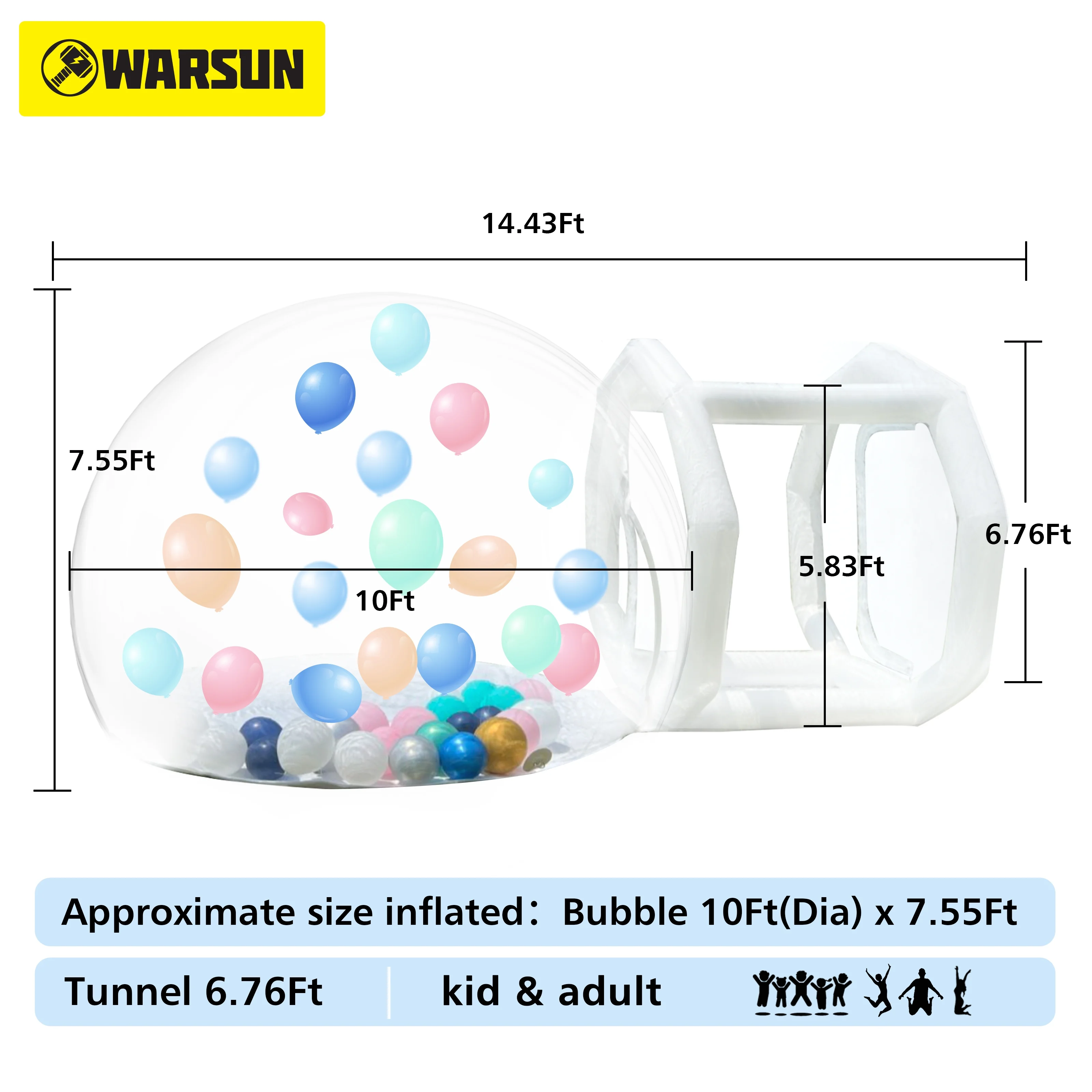 WARSUN Bubble House 10Ft Dome with Blower & Air Pump 100% PVC Inflatable Bubble House for Party Balloons Birthday Wedding Party Business Clear Bubble Tent 6.76Ft Tunnel