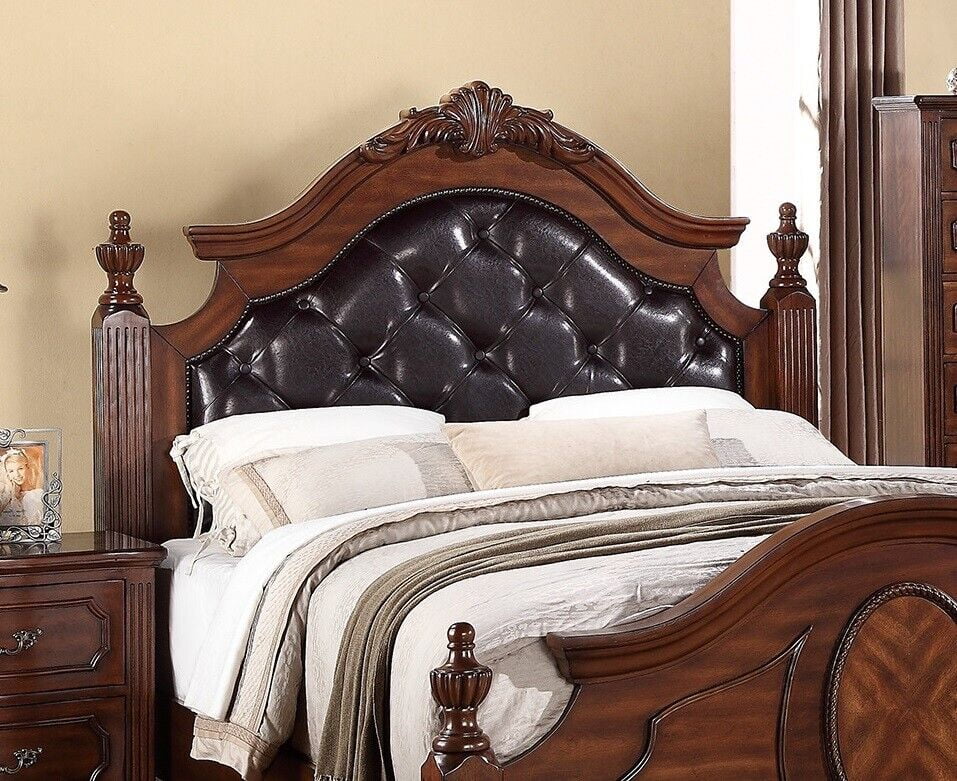 1pc Queen Size Bed Four Posts Faux Leather Tufted Headboard Footboard Brown / Cherry Finish Unique Bedframe Bedroom Furniture