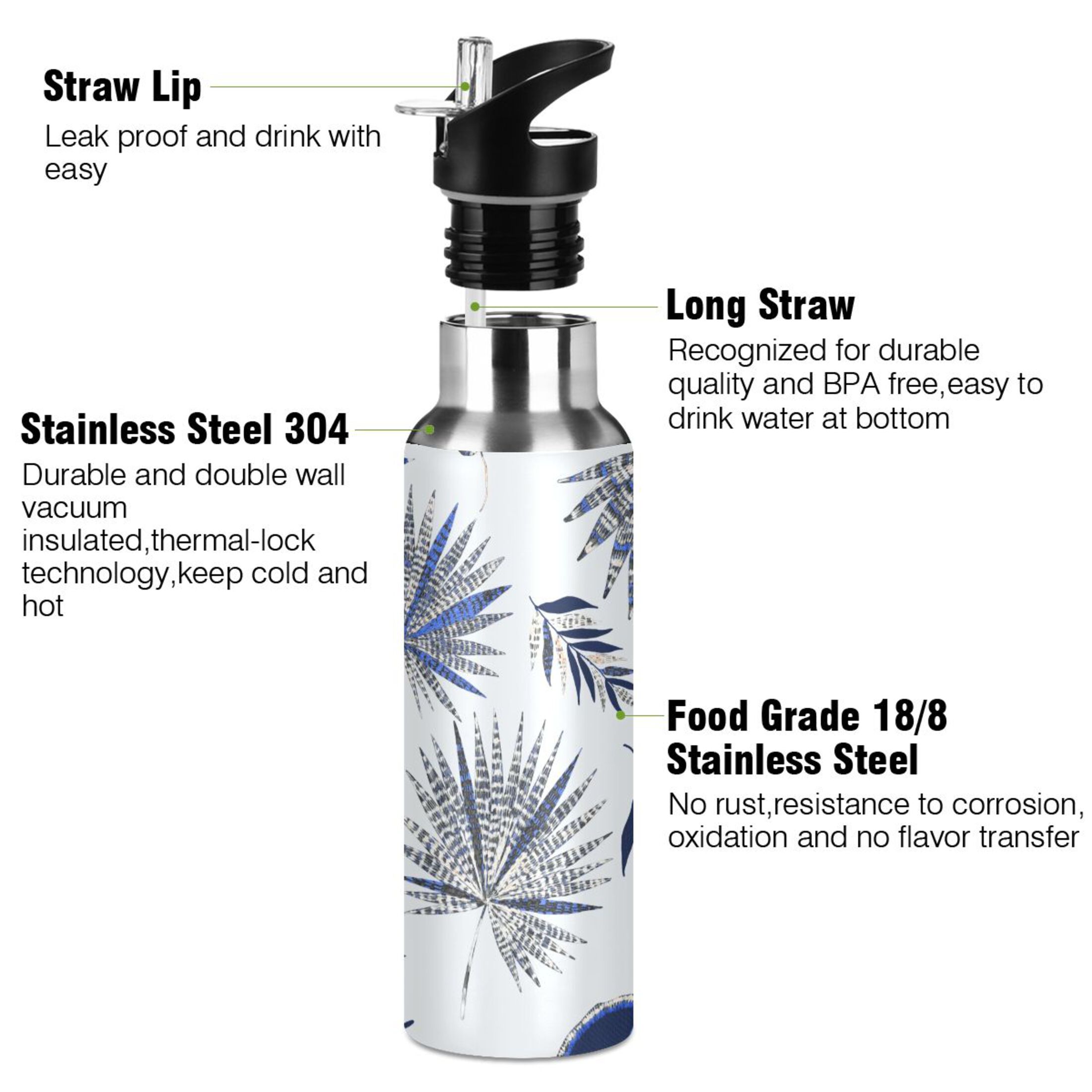 Jungle Tropical Leaves Water Bottles Insulated Thermos Kids Stainless Steel Bottle with Straw Lid Flask Leakproof for Sports Gym 20 oz