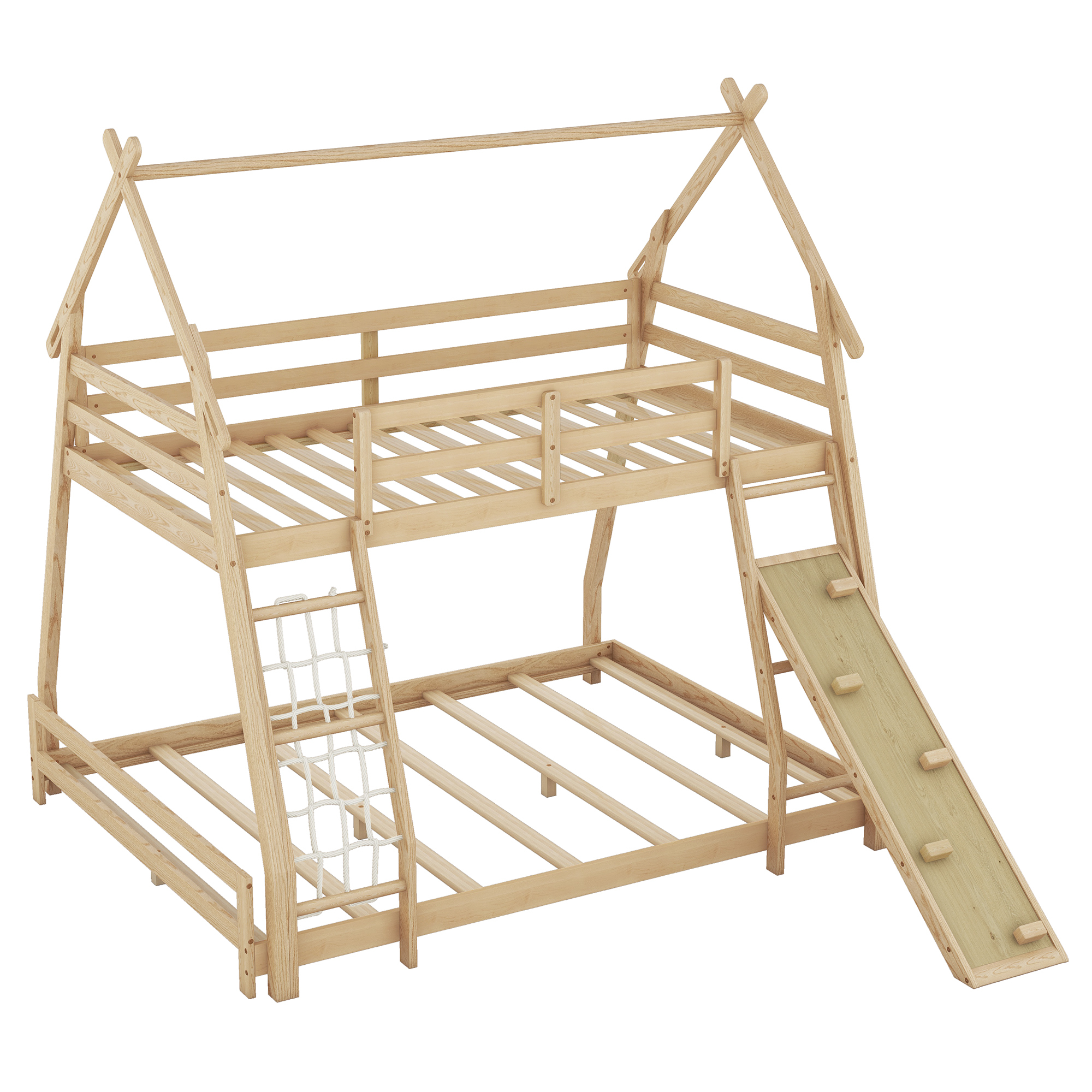 Dawn Whisper Twin over Queen House Bunk Bed with Climbing Nets and Climbing Ramp, Natural