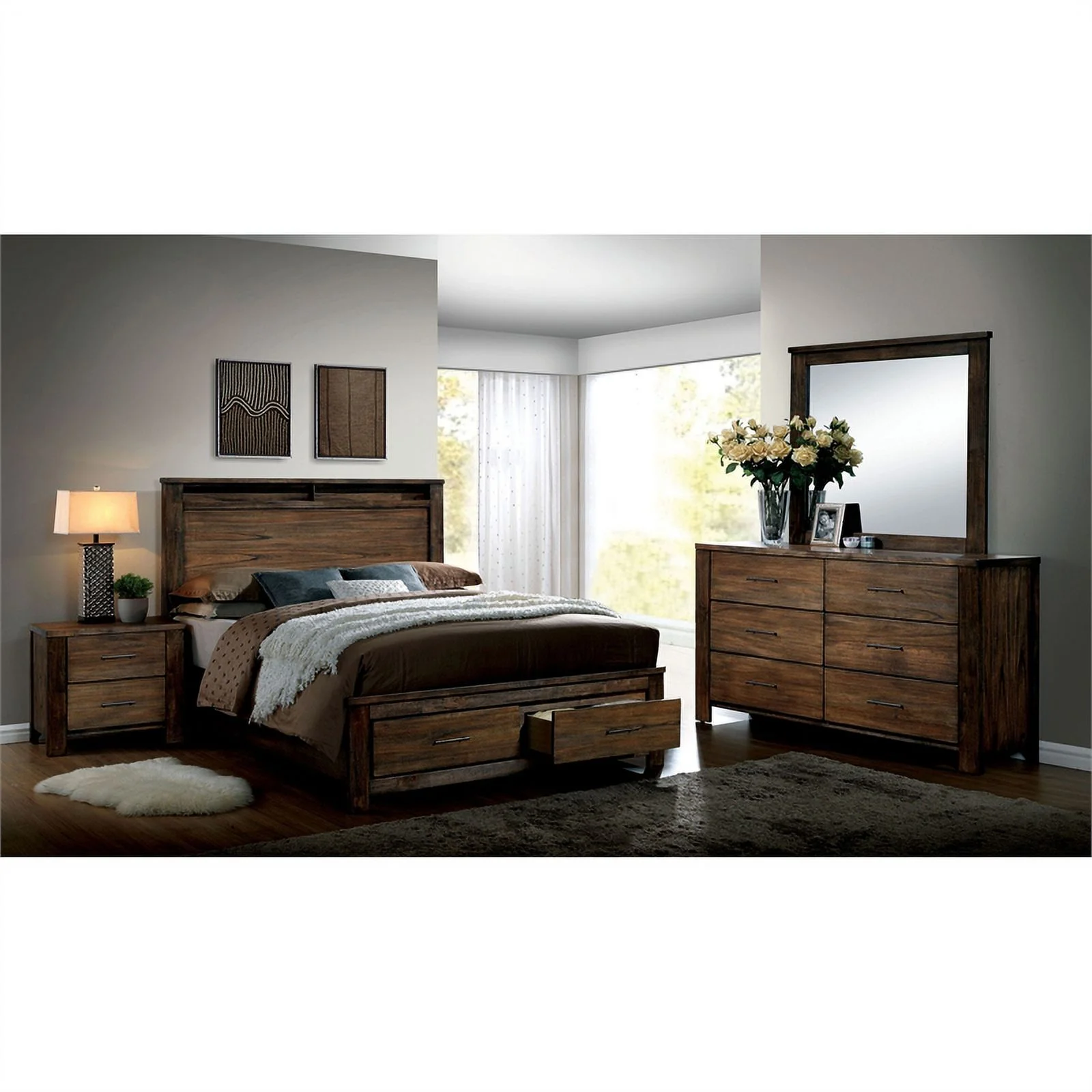 FOA Nangetti 3-Piece Oak Wood Bedroom Set - Cal King + Nightstand + Dresser