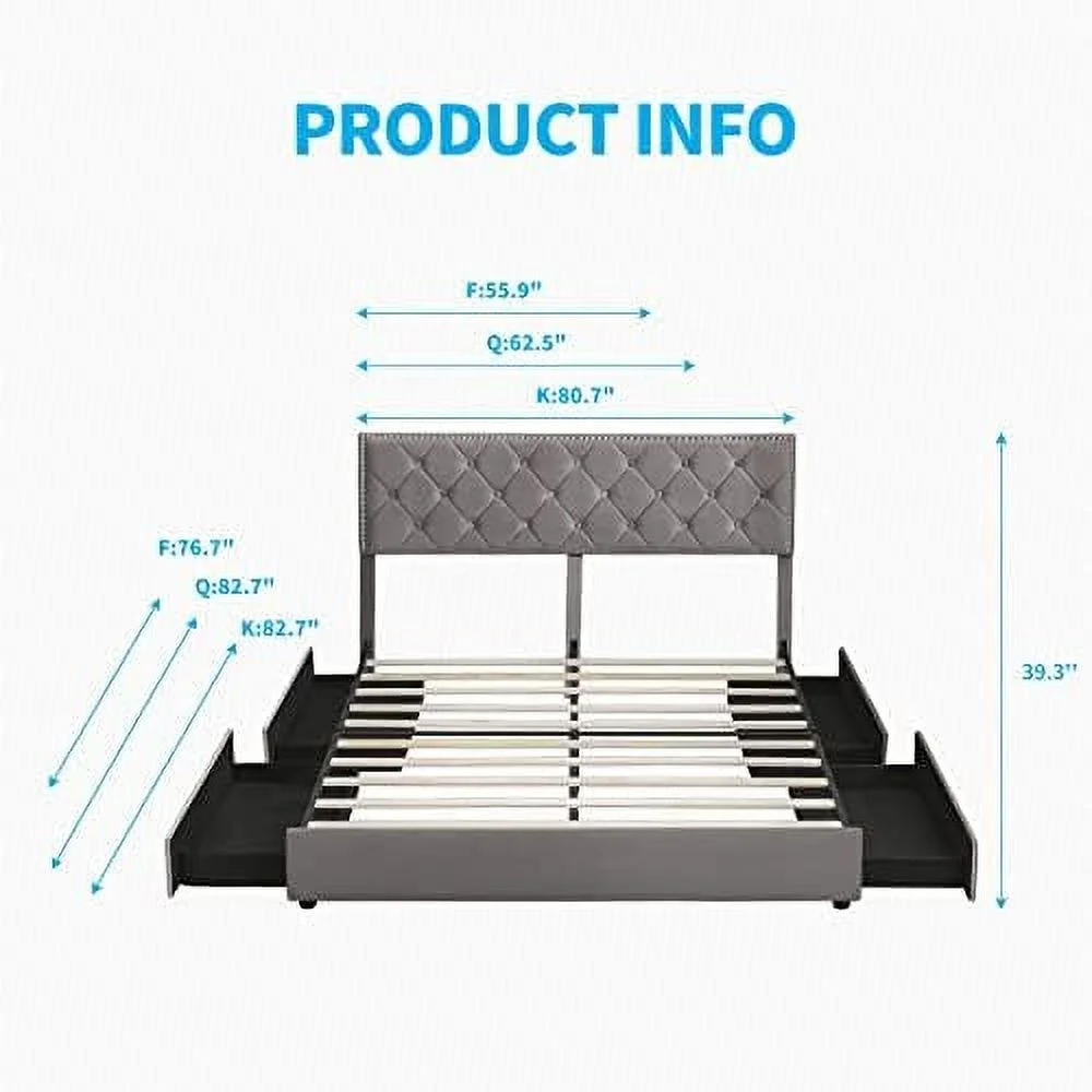 King Size Bed Frame with 4  Drawers  Velvet Upholstered Platform Bed Frame with Adjustable Headboard  No Box Spring Needed/Easy Assembly/No Mattress (Light Gray  King Size)