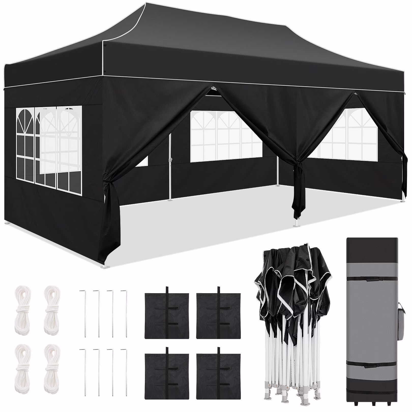 COBIZI Canopy 10x20 Pop up Canopy with 6 Sidewalls Heavy Duty Party Tent Outdoor Party Event Gazebo Commercial Canopy Tents for Parties Wedding Outdoor Events,Black (Upgraded Frame&Windproof)