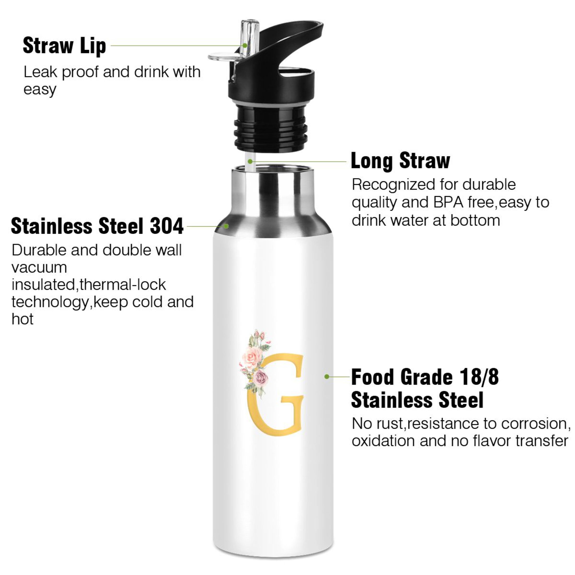 Water Bottle with Straw Lid Leak G Stainless Steel Insulated Thermos Vacuum Flask for Cold Hot Drinking for Sports Camping Gym Yoga