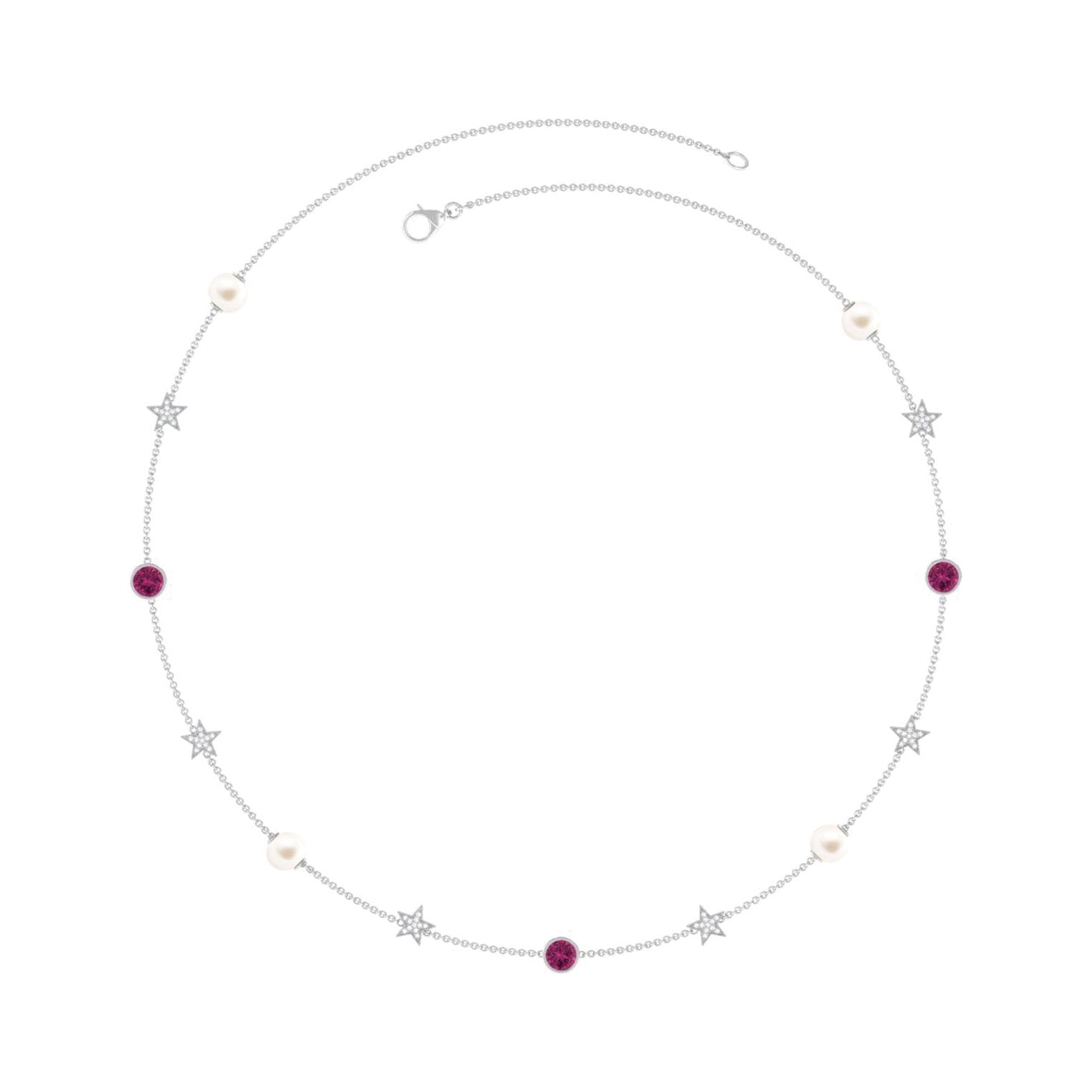 White Pearl Station Chain Necklace for Women with Tourmaline, AAAA Grade, 925 Sterling Silver