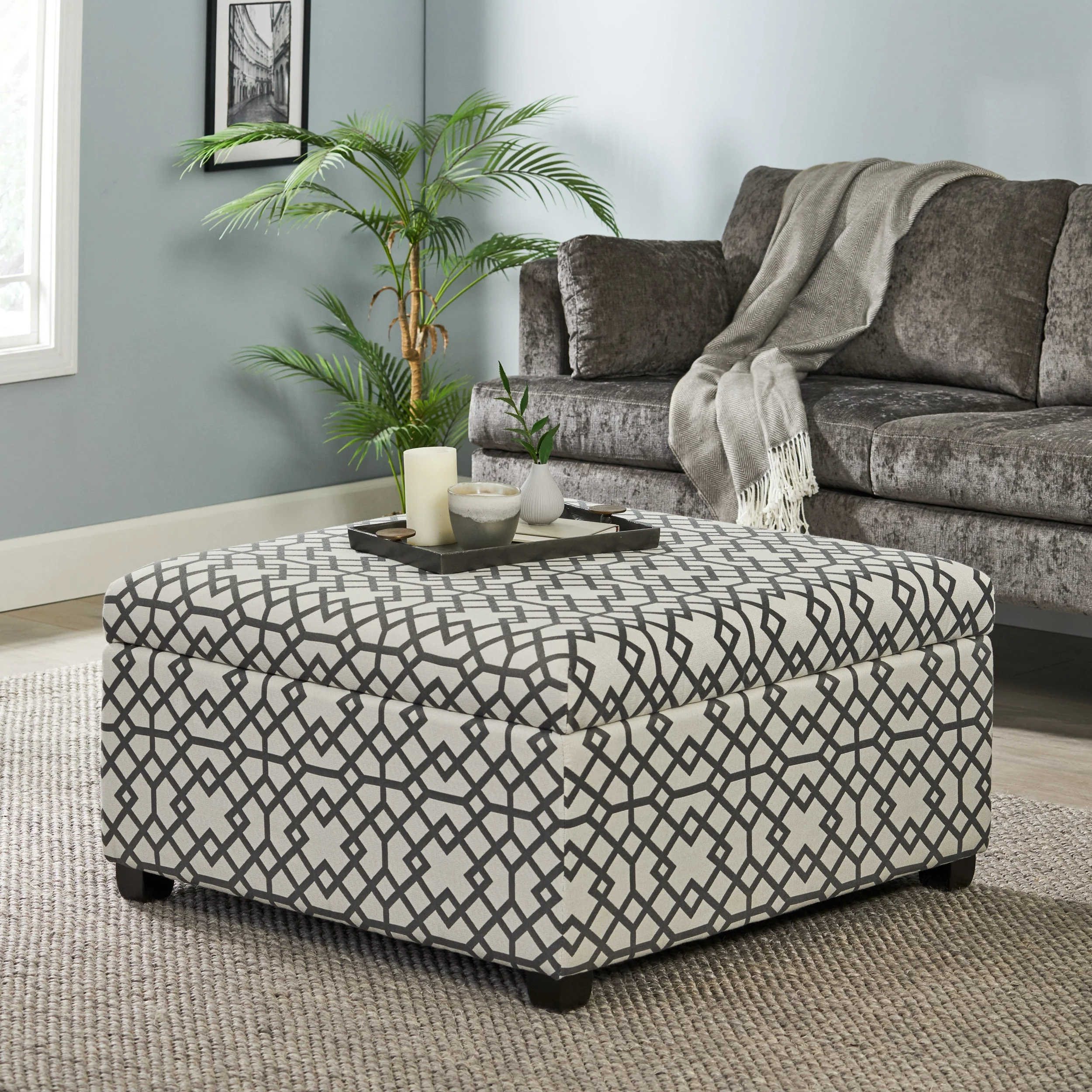 Noble House Bessley Square Lift Top Ottoman, Grey Geometric