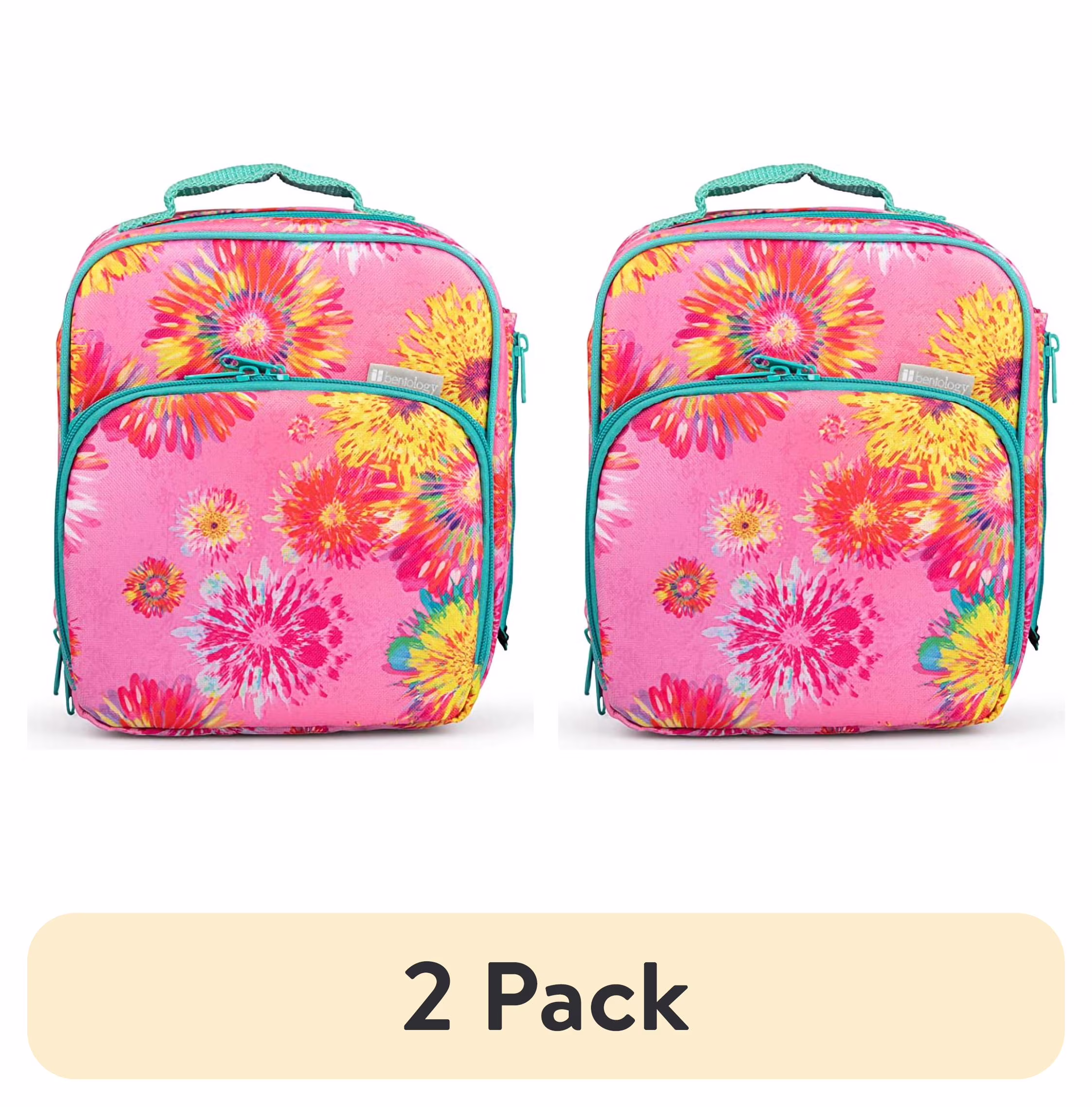 (2 pack) Bentology Insulated Lunch Box w Snack Pocket and Water Bottle Holder - Boys Girls and Kid's Lunchbox Tote Keeps Food Hotter or Colder Longer Floral