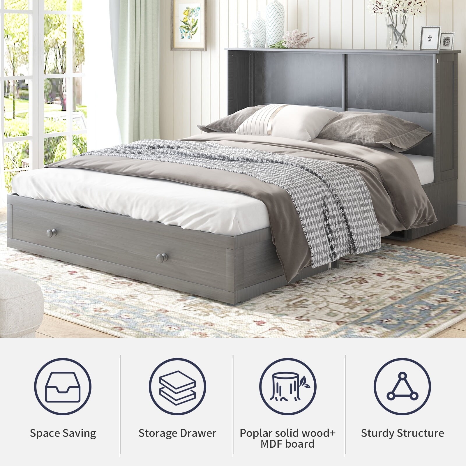 Mixoy Murphy Bed with Charging Station, Cube Cabinet Chest Bed with Mattress Grey - Queen