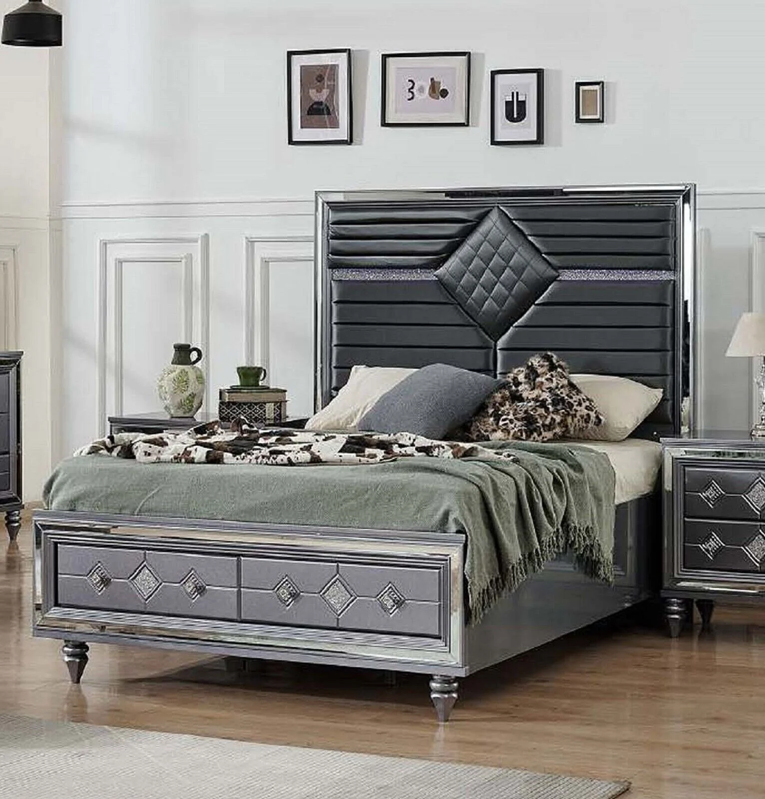 5pc Luxury Dark Gray King Storage Bed w/LED Headboard Dresser Mirror Nightstand Bedroom Set