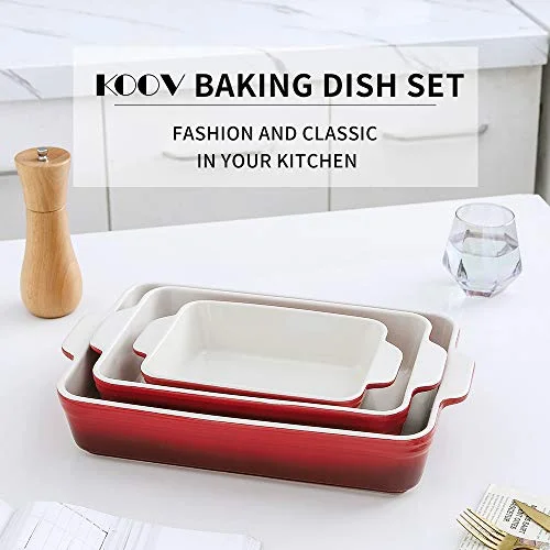 KOOV Bakeware Set, Ceramic Baking Dish Set, Rectangular Casserole Dish Set, lasagna Pan, Baking Pans Set for Cooking, Cake Dinner, Kitchen, 9 x 13 Inches, 3-Piece (Set of 3, Gradient Red)