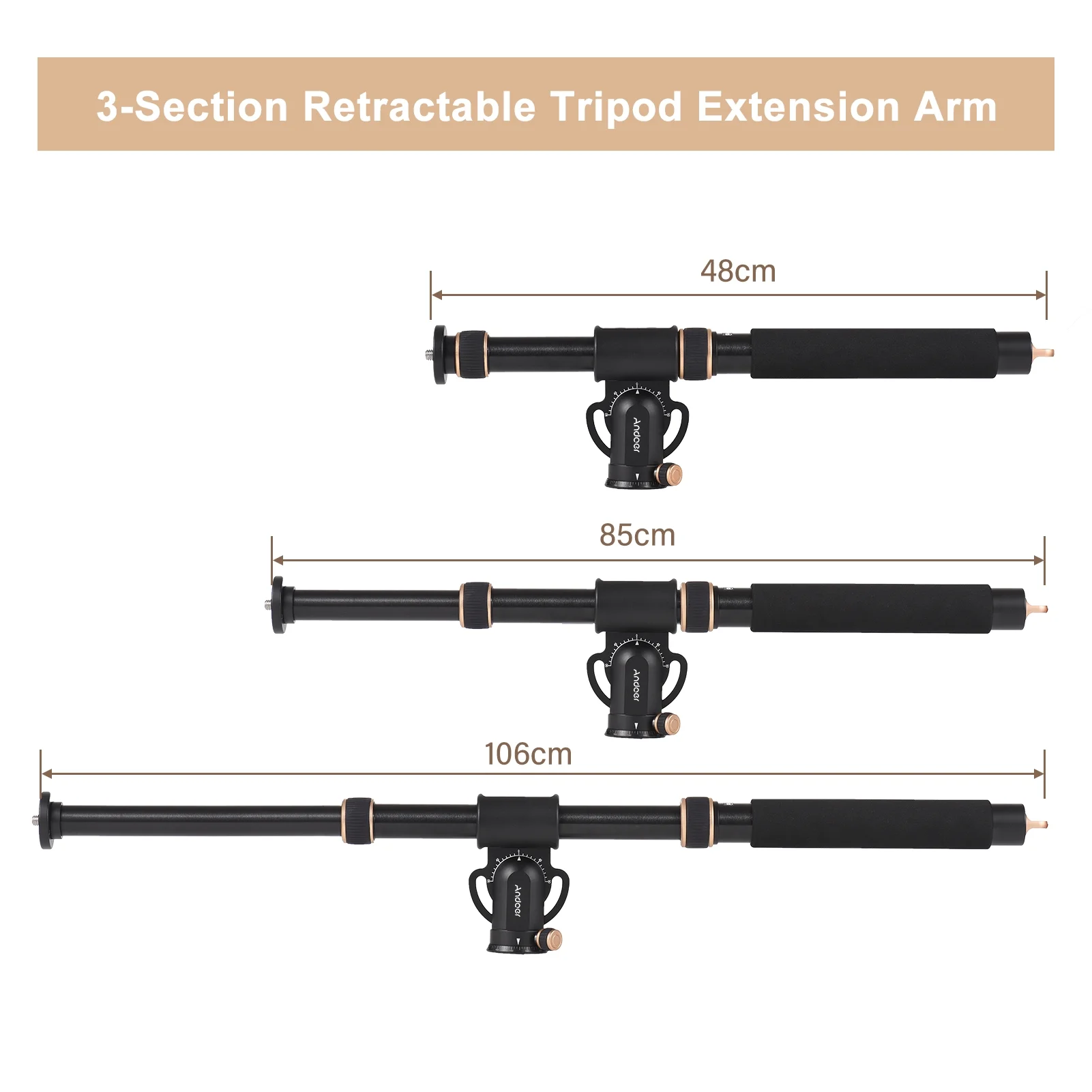 7299 Universal Tripod Extension Arm Aluminum Alloy Detachable Extender Horizontal Centre Column for Tripod 48-106cm Retractable Tripod Boom Arm with 360° Rotatable Base 5kg Load Capacity