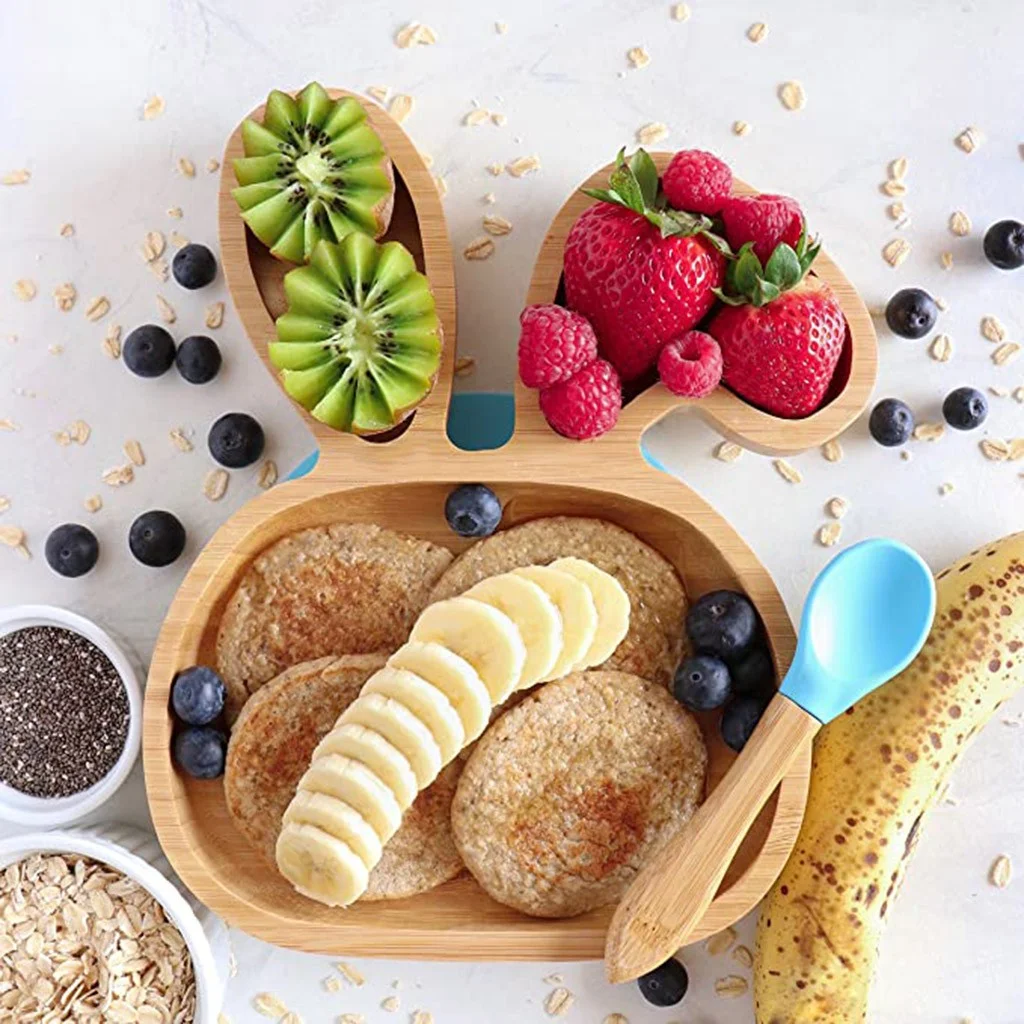 Gaiseeis Baby Toddler Sheep Plate Silicone Suction Feeding Bowl Suction Spoon Set Blue