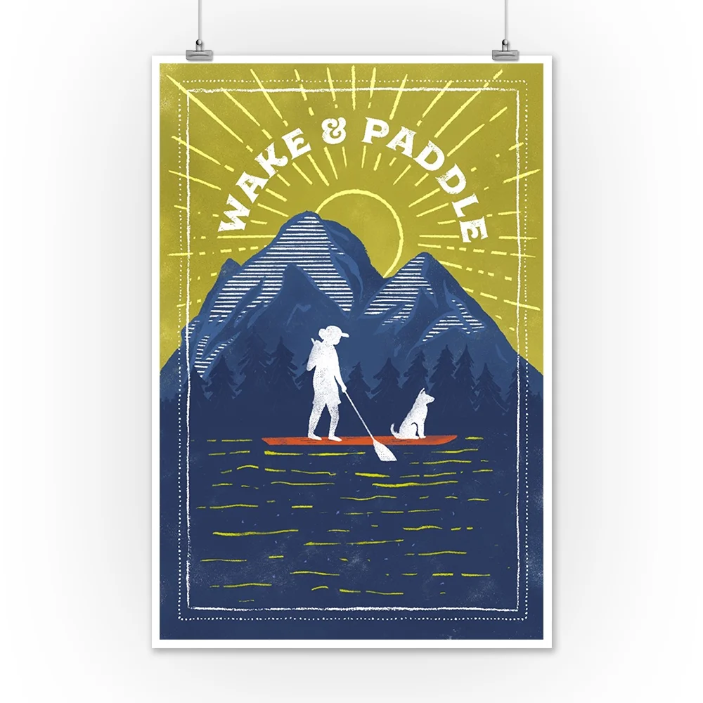 Lake Life Series, Wake And Paddle, Landscape With Mountain (12x18 Wall Art Poster, Room Decor)