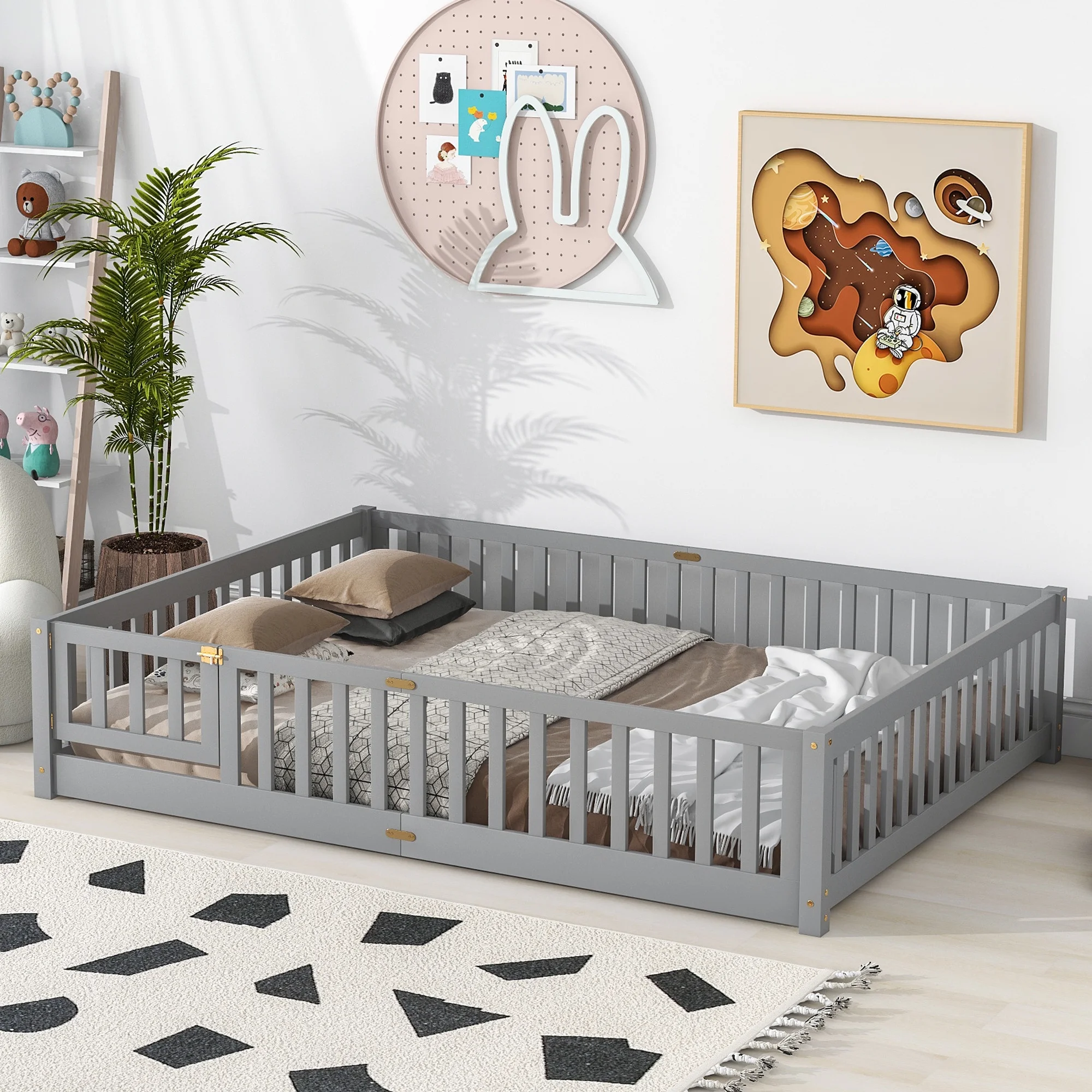 Queen Size Floor Bed for Kids, HSUNNS Queen Size Wood Toddler Floor Bed with Fence and Door, Queen Bed Montessori Floor Bed No Box Spring needed, Toddler Bed for Boys Girls, Slats Support, Gray